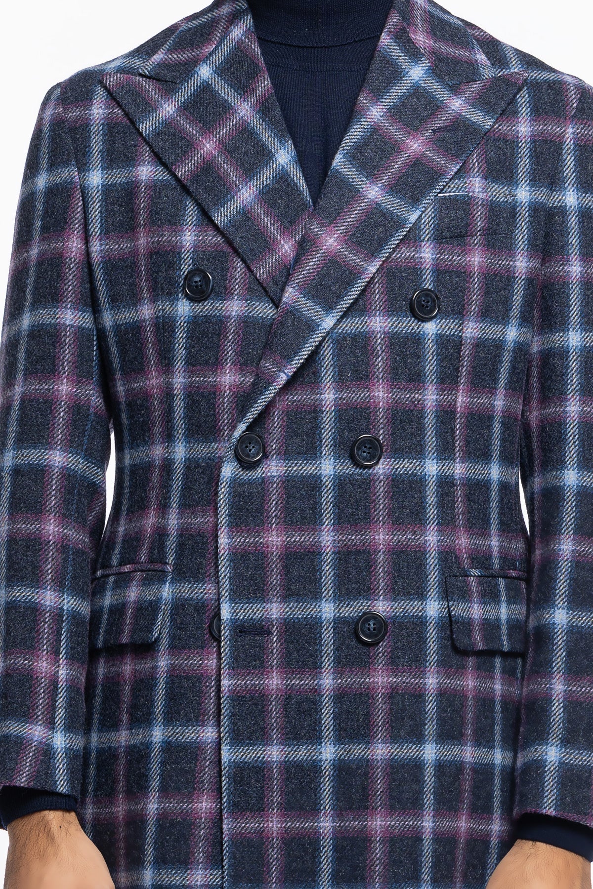 Cappotto uomo blu fantasia quadri doppiopetto in pura lana Holland & Sherry rever 13cm con martingala