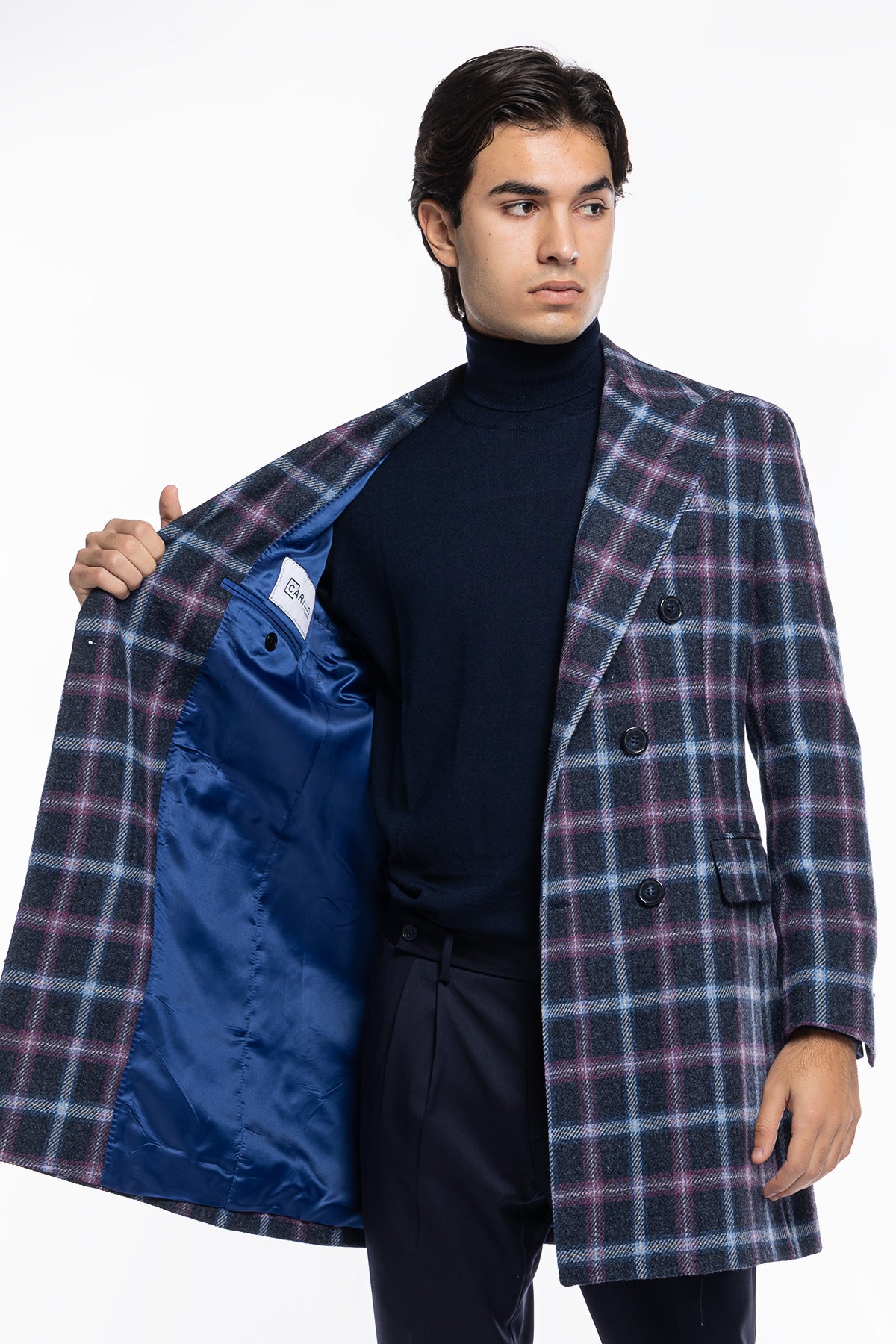 Cappotto uomo blu fantasia quadri doppiopetto in pura lana Holland & Sherry rever 13cm con martingala