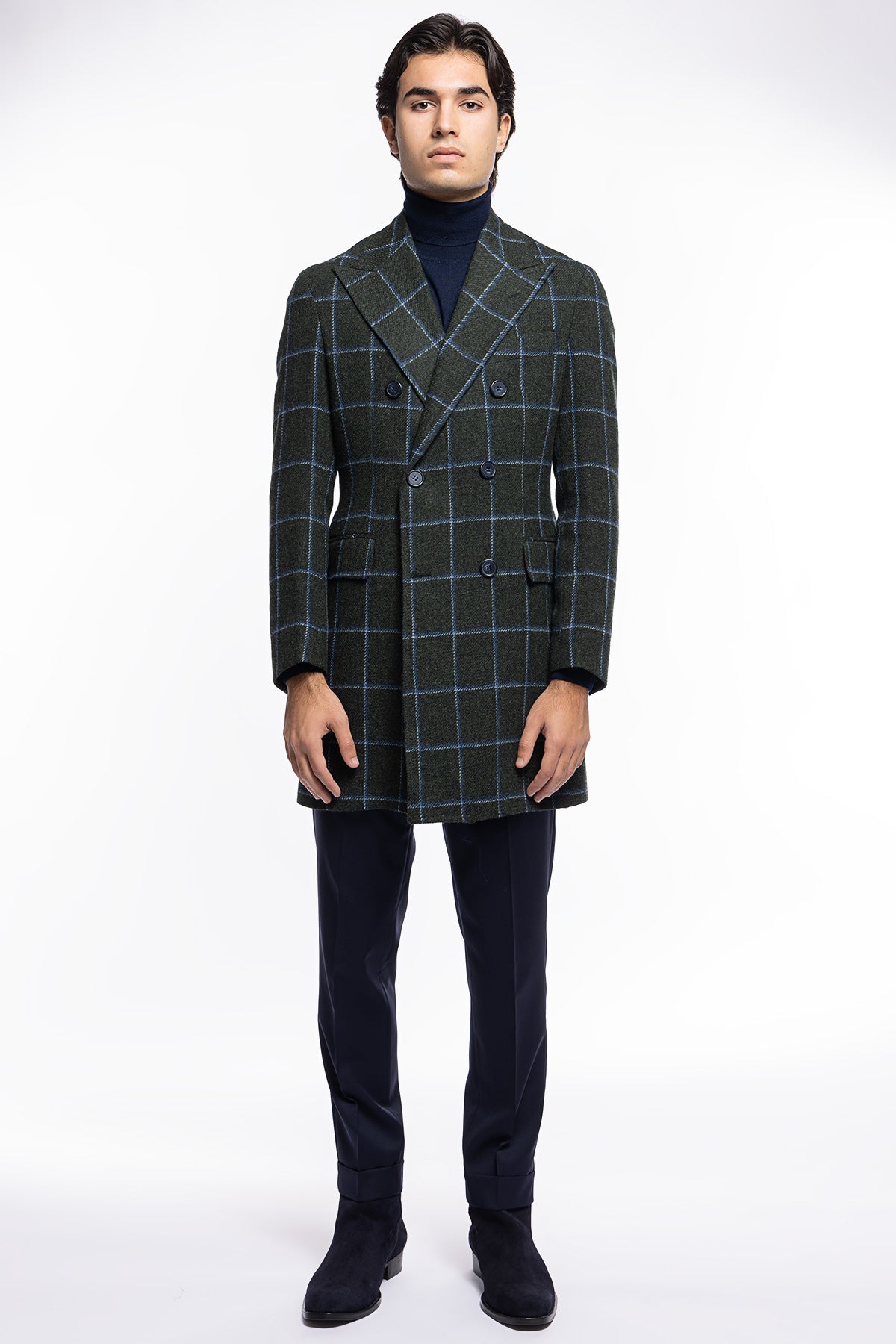 Cappotto uomo verde fantasia quadri doppiopetto in pura lana Holland &amp; Sherry rever 13cm con martingala