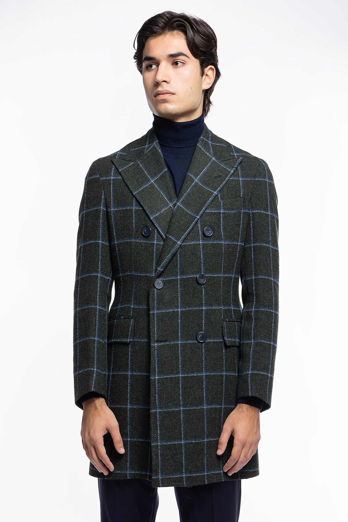 Cappotto uomo verde fantasia quadri doppiopetto in pura lana Holland &amp; Sherry rever 13cm con martingala