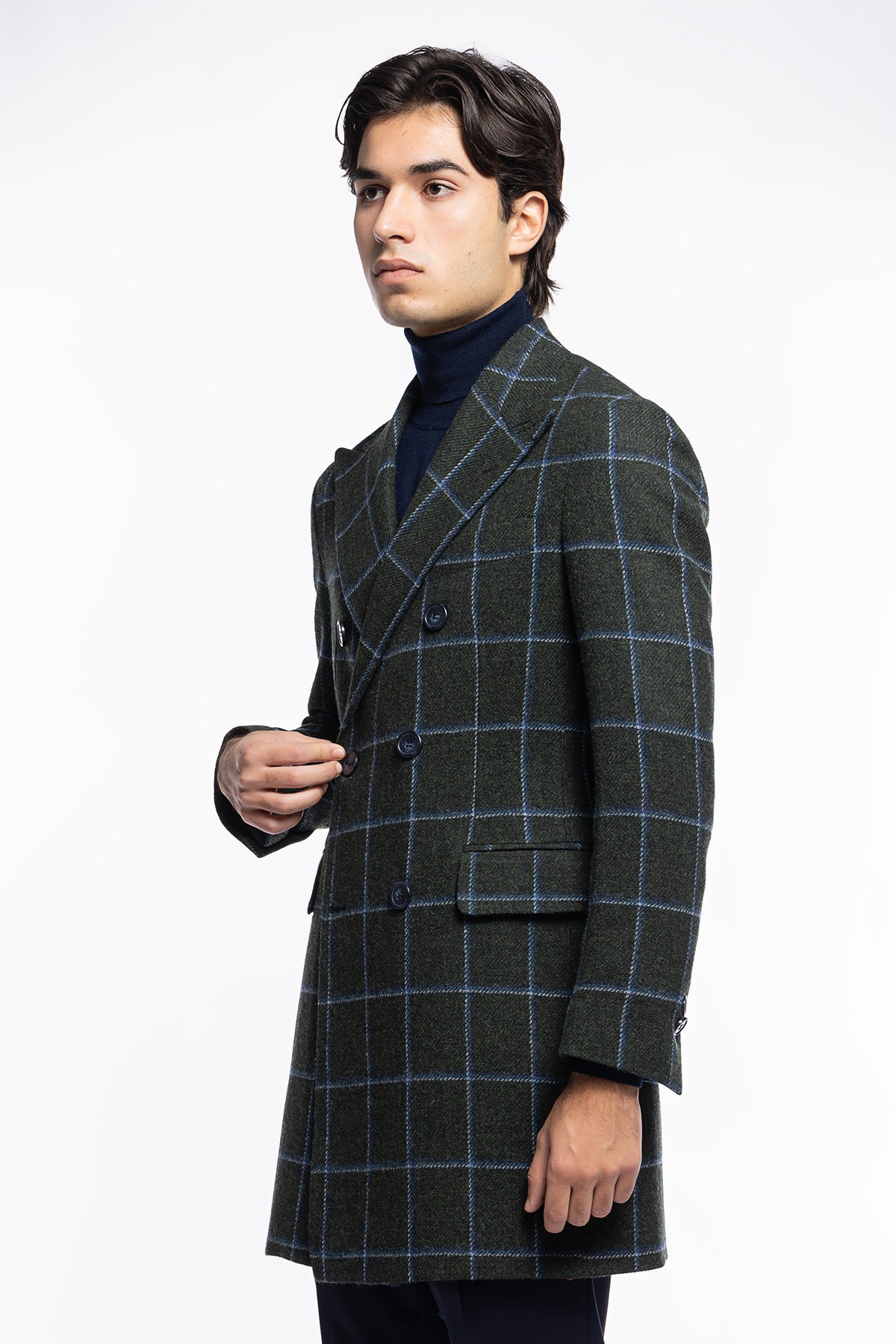 Cappotto uomo verde fantasia quadri doppiopetto in pura lana Holland & Sherry rever 13cm con martingala