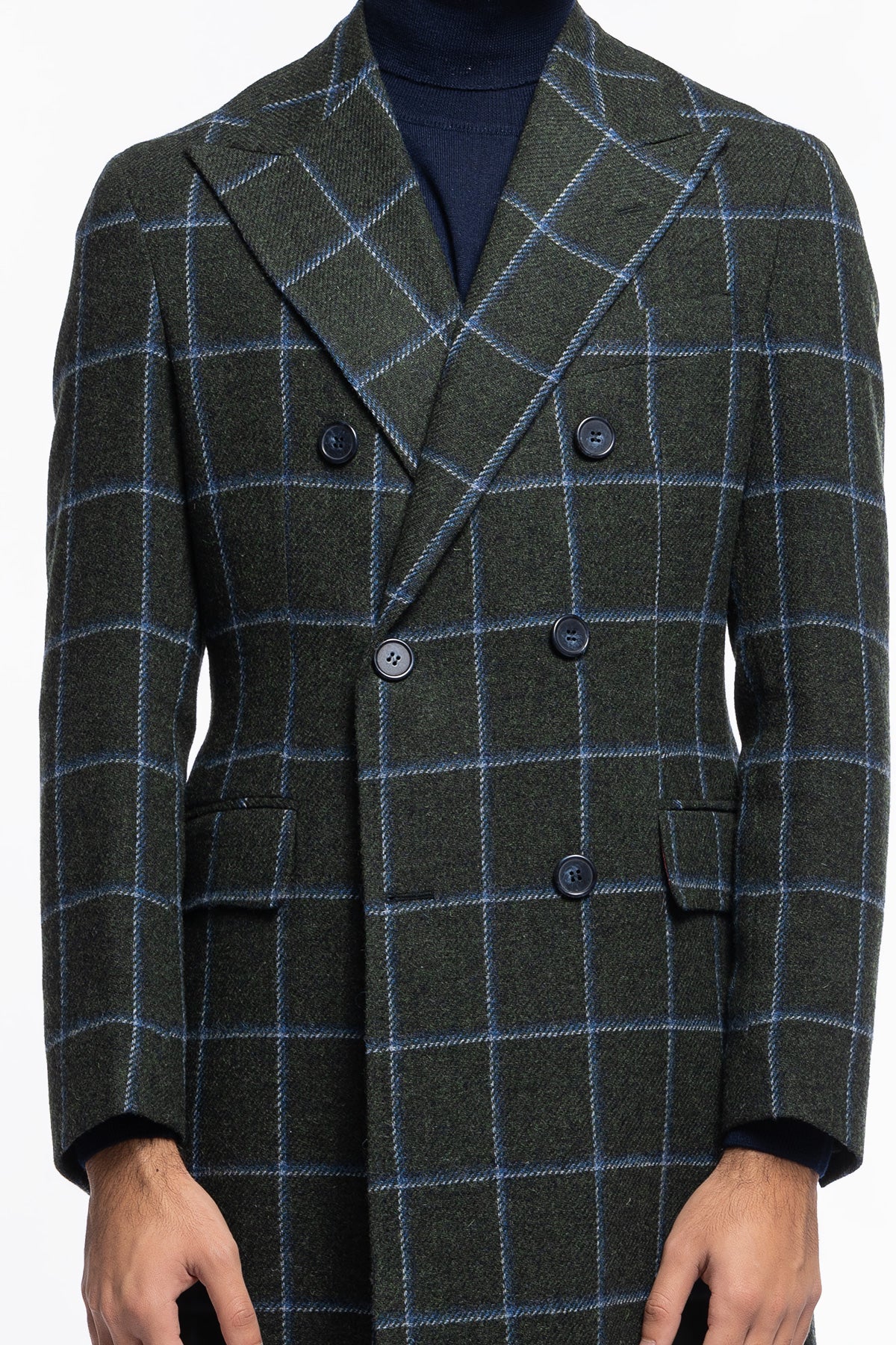 Cappotto uomo verde fantasia quadri doppiopetto in pura lana Holland & Sherry rever 13cm con martingala