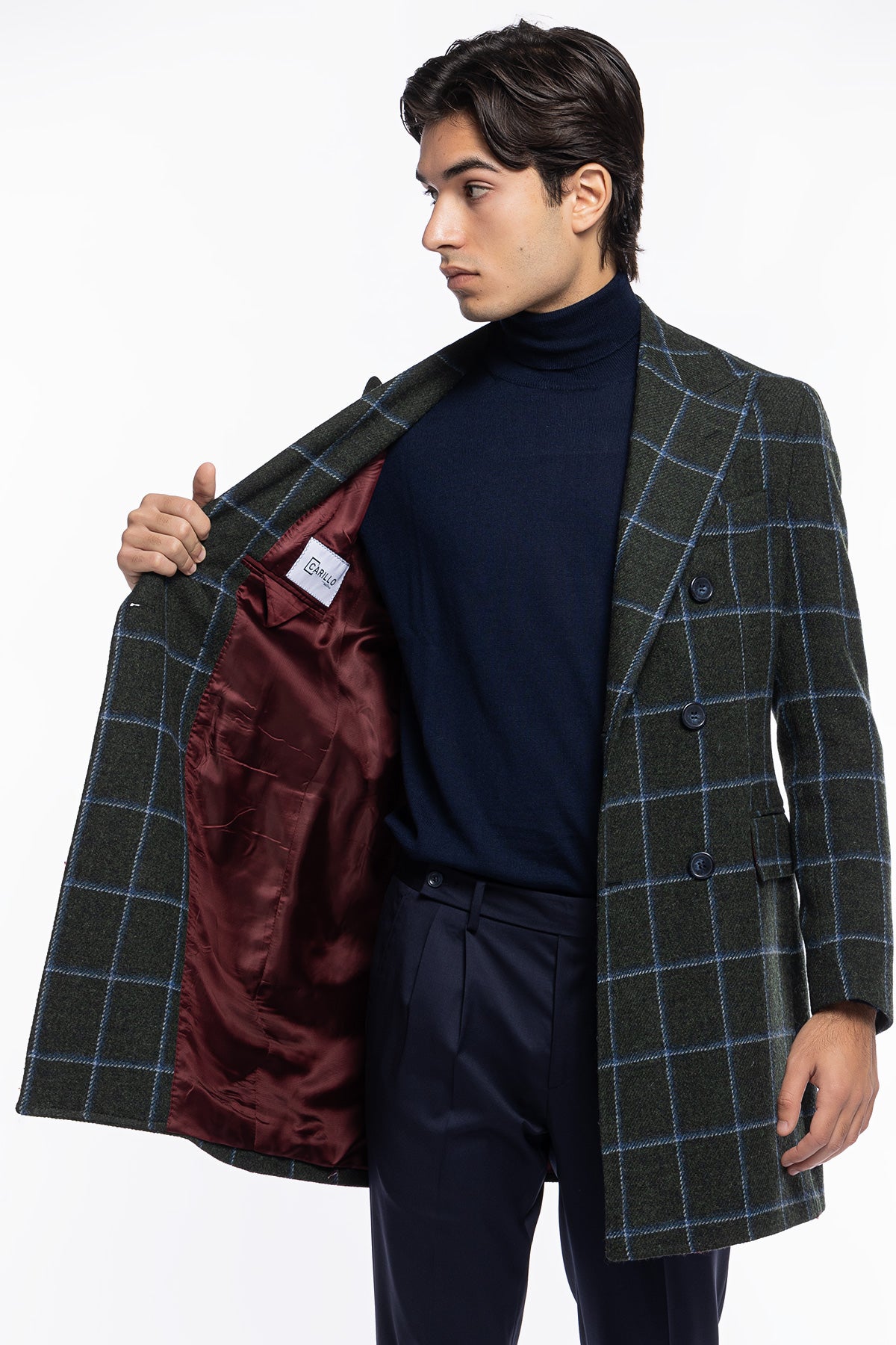 Cappotto uomo verde fantasia quadri doppiopetto in pura lana Holland & Sherry rever 13cm con martingala
