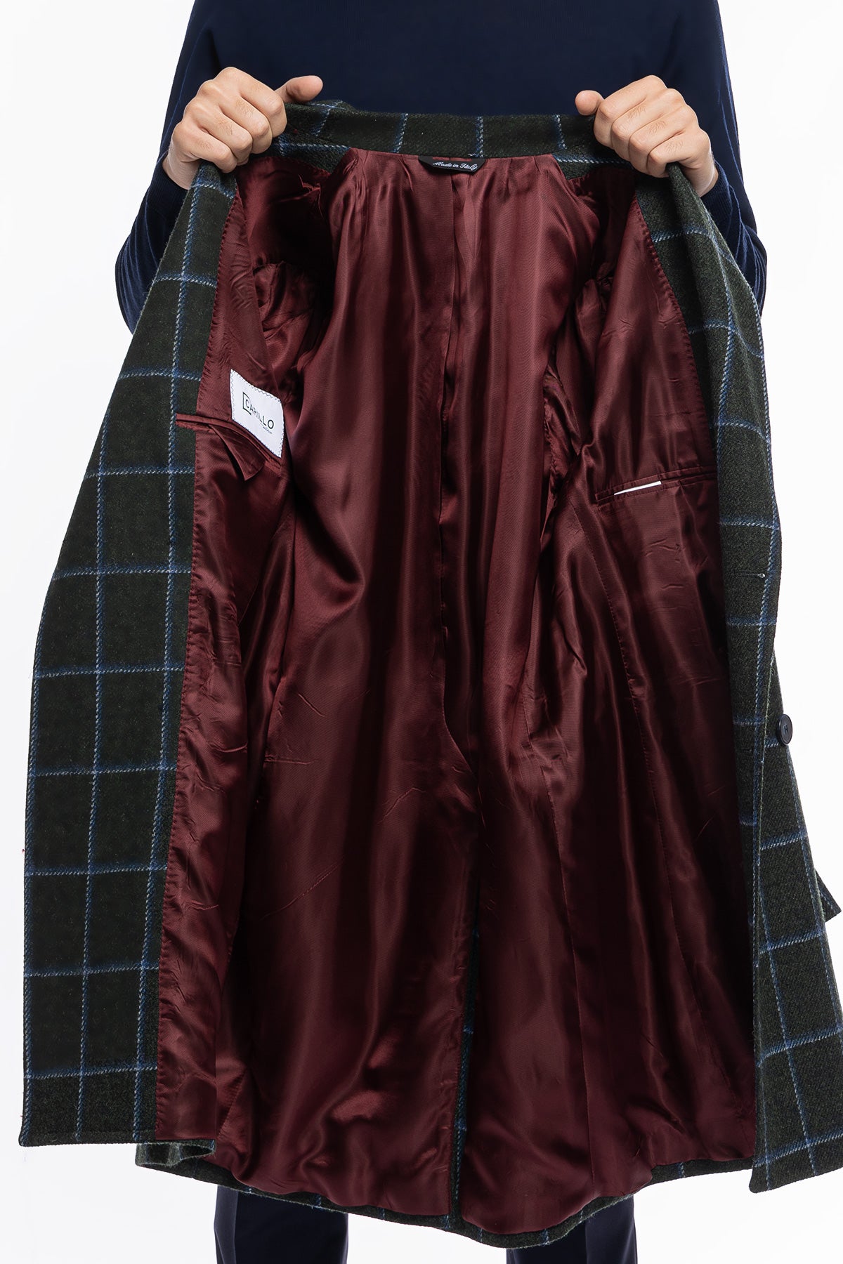 Cappotto uomo verde fantasia quadri doppiopetto in pura lana Holland & Sherry rever 13cm con martingala