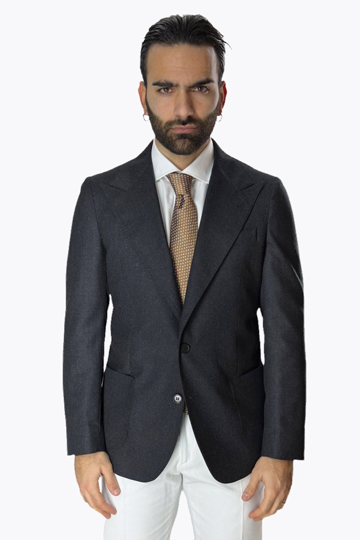 Giacca uomo Monopetto Grigio scuro in lana Flanella Vitale Barberis Canonico slim fit rever largo sartoriale