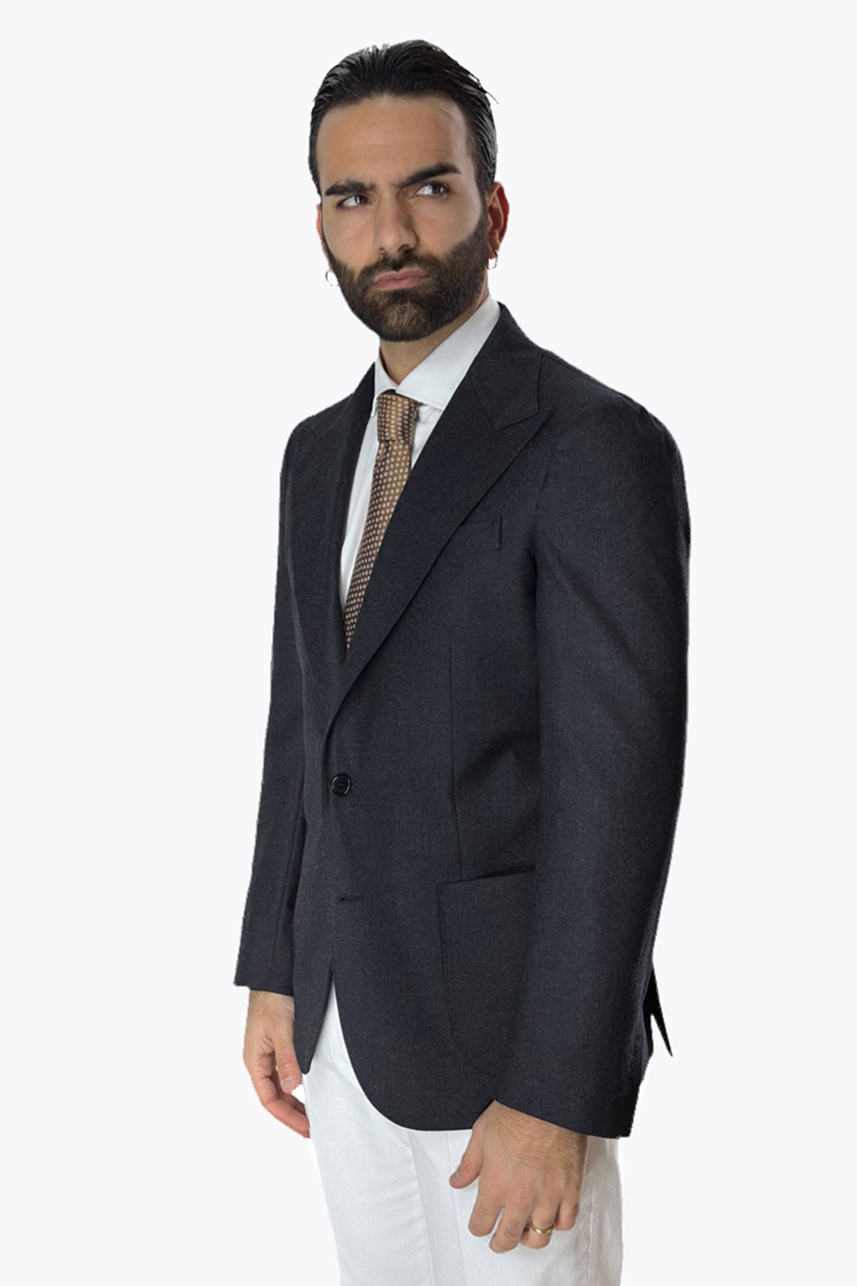 Giacca uomo Monopetto Grigio scuro in lana Flanella Vitale Barberis Canonico slim fit rever largo sartoriale