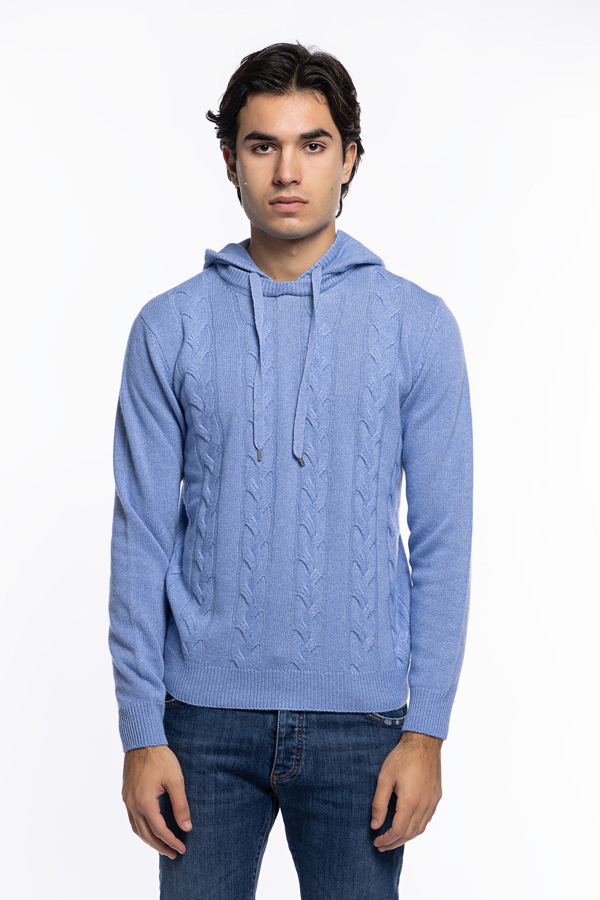 Maglione da uomo Azzurro con cappuccio modello felpa in lana cashmere e treccia interna made in italy