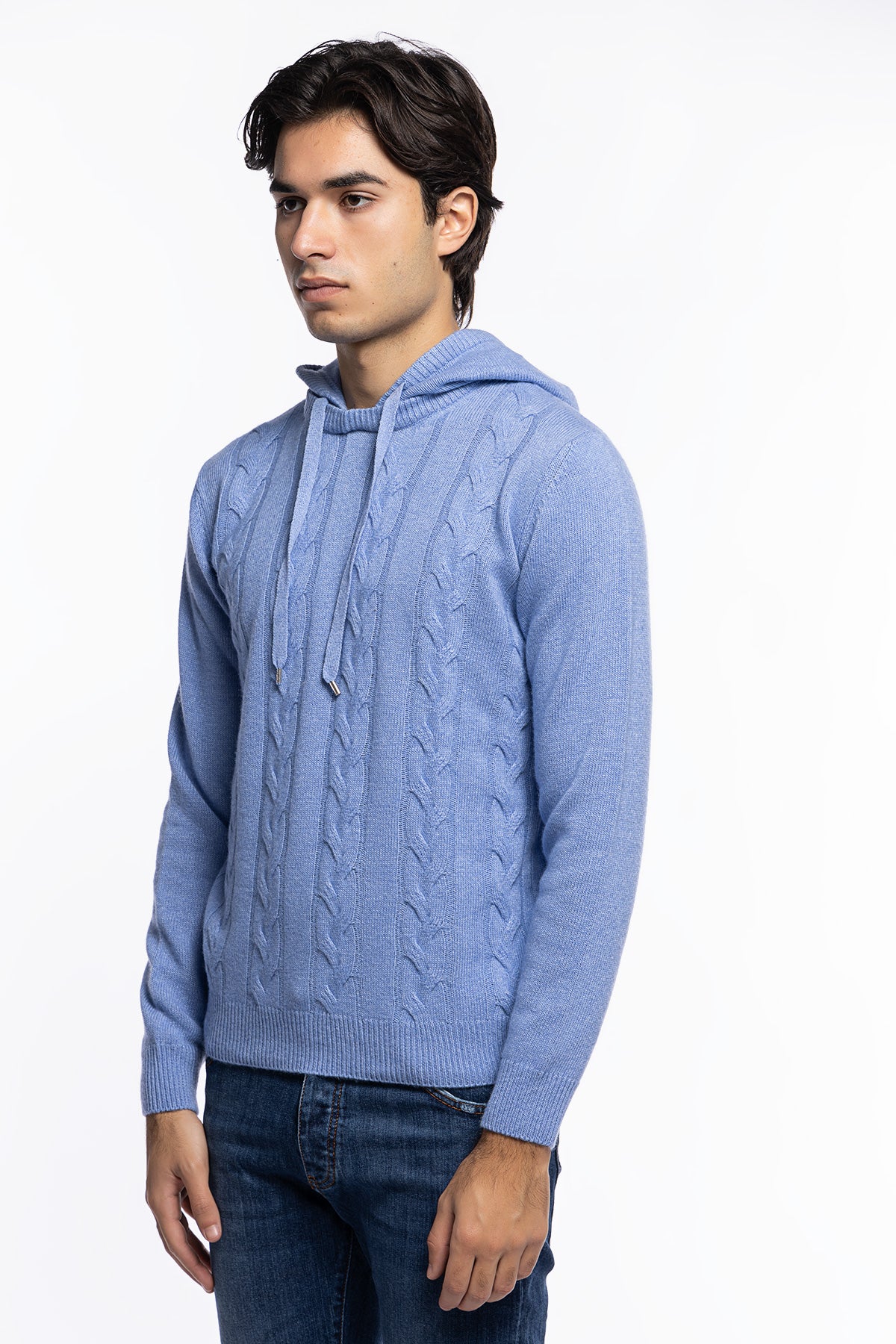 Maglione da uomo Azzurro con cappuccio modello felpa in lana cashmere e treccia interna made in italy