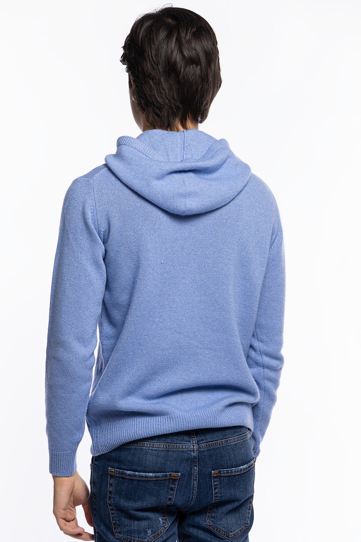 Maglione da uomo Azzurro con cappuccio modello felpa in lana cashmere e treccia interna made in italy
