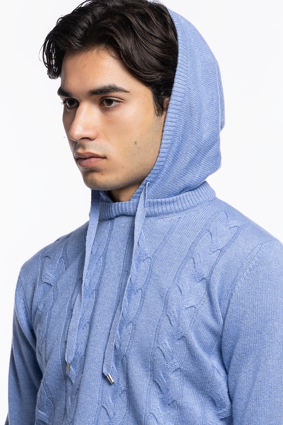 Maglione da uomo Azzurro con cappuccio modello felpa in lana cashmere e treccia interna made in italy