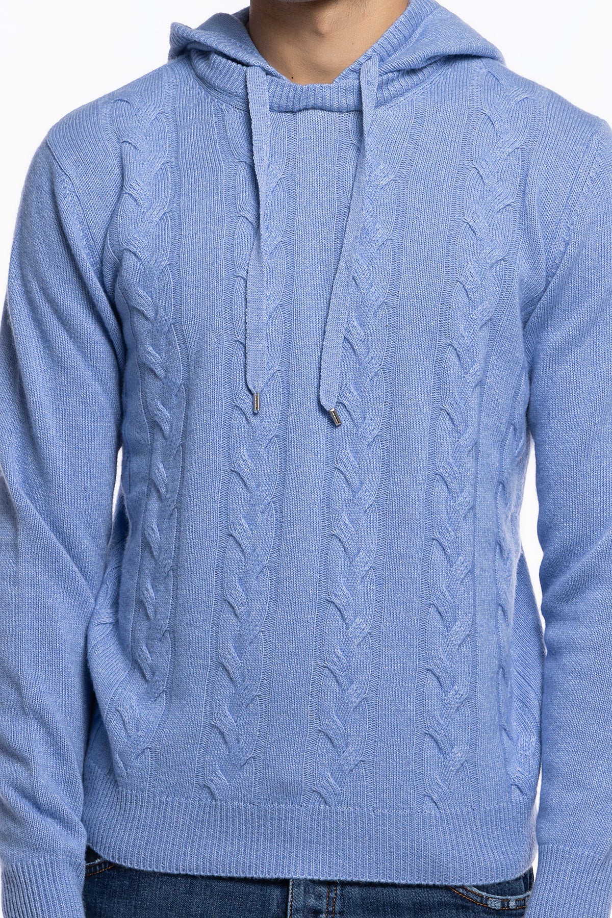 Maglione da uomo Azzurro con cappuccio modello felpa in lana cashmere e treccia interna made in italy