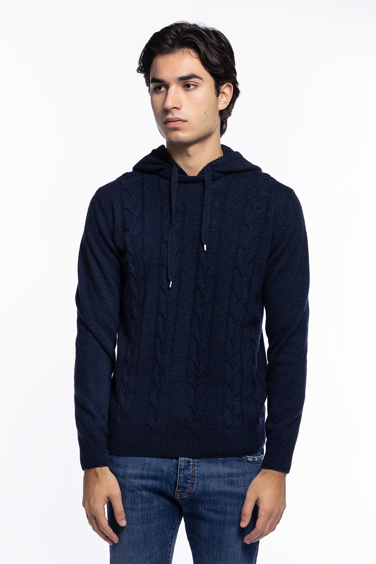 Maglione da uomo blu con cappuccio modello felpa in lana cashmere e treccia interna made in italy