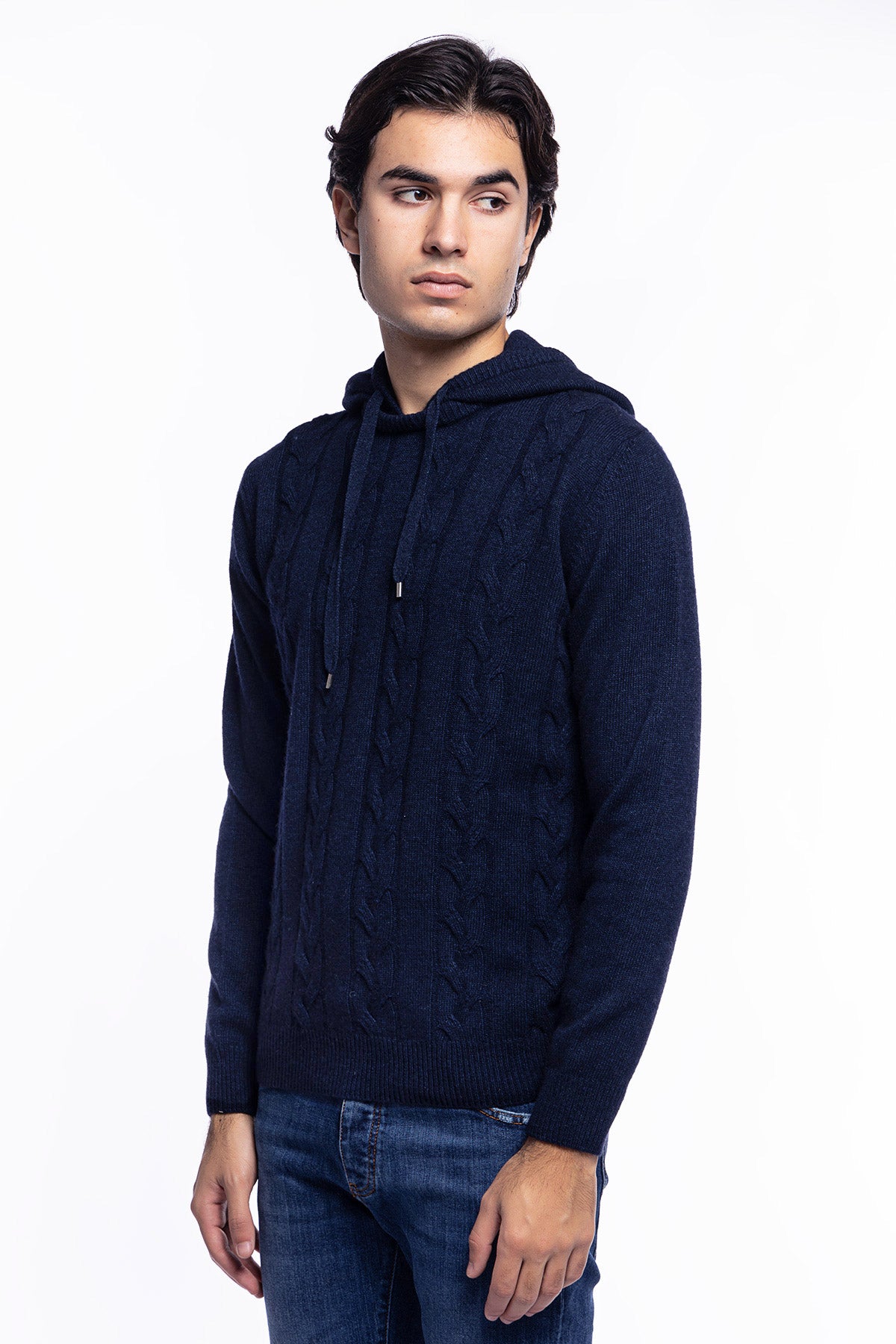 Maglione da uomo blu con cappuccio modello felpa in lana cashmere e treccia interna made in italy
