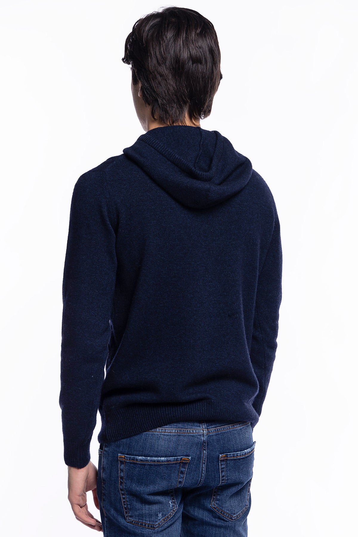 Maglione da uomo blu con cappuccio modello felpa in lana cashmere e treccia interna made in italy