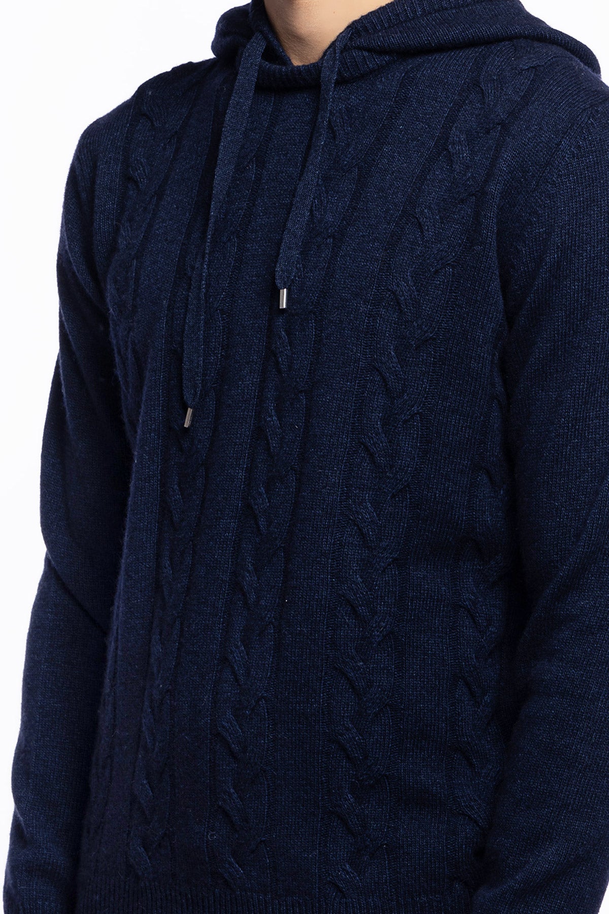 Maglione da uomo blu con cappuccio modello felpa in lana cashmere e treccia interna made in italy