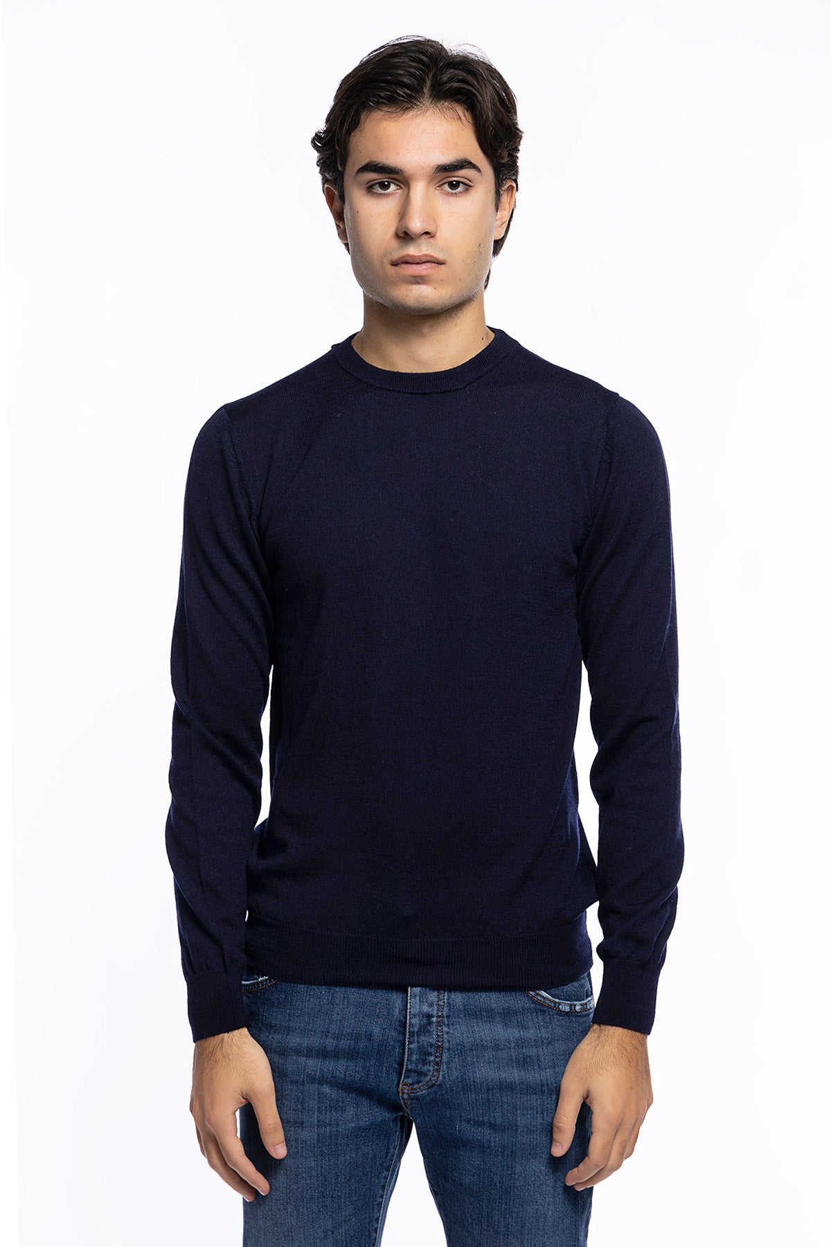 Maglioncino girocollo uomo Blu 100% lana merinos slim fit made in Italy
