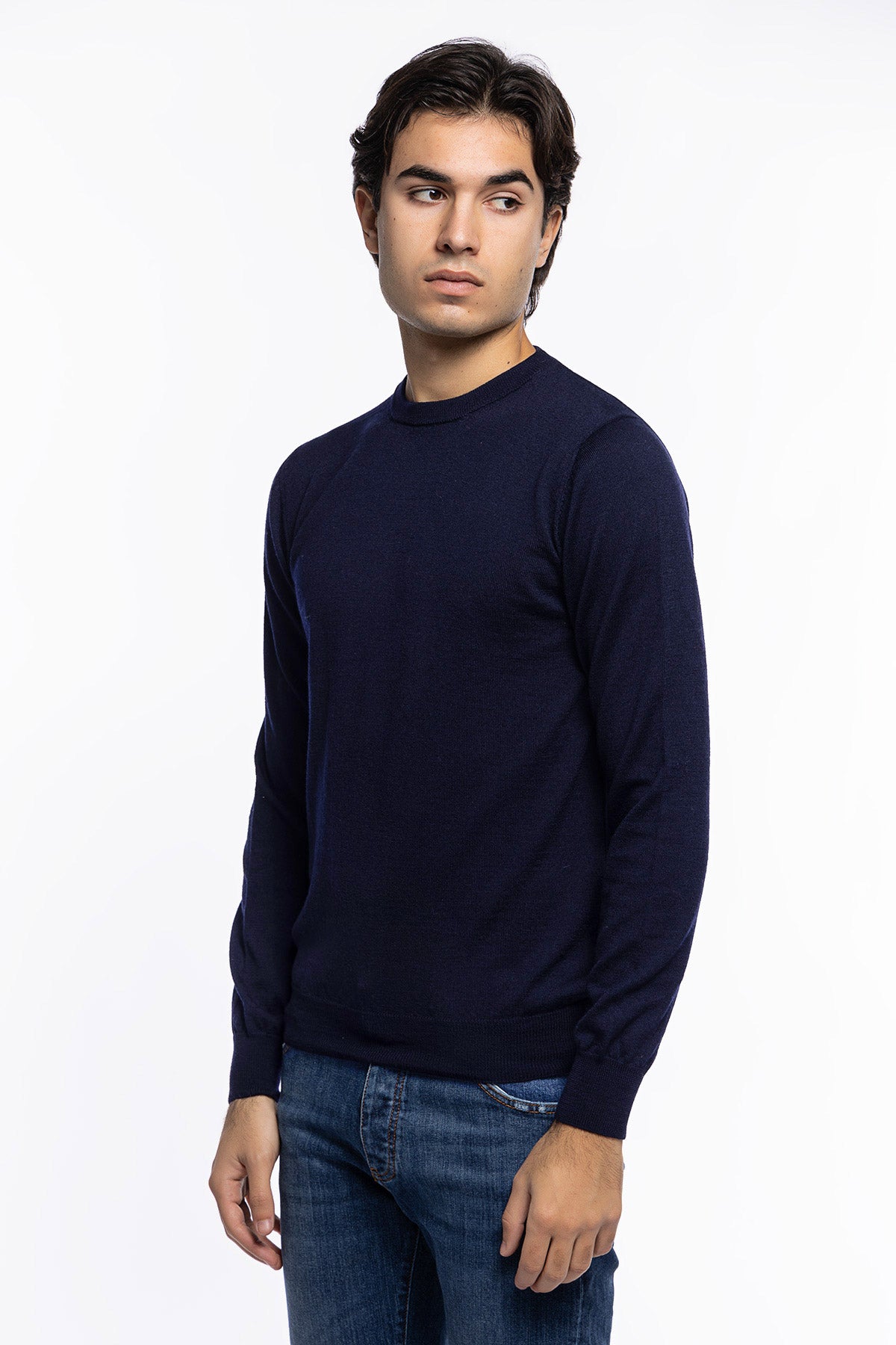 Maglioncino girocollo uomo Blu 100% lana merinos slim fit made in Italy
