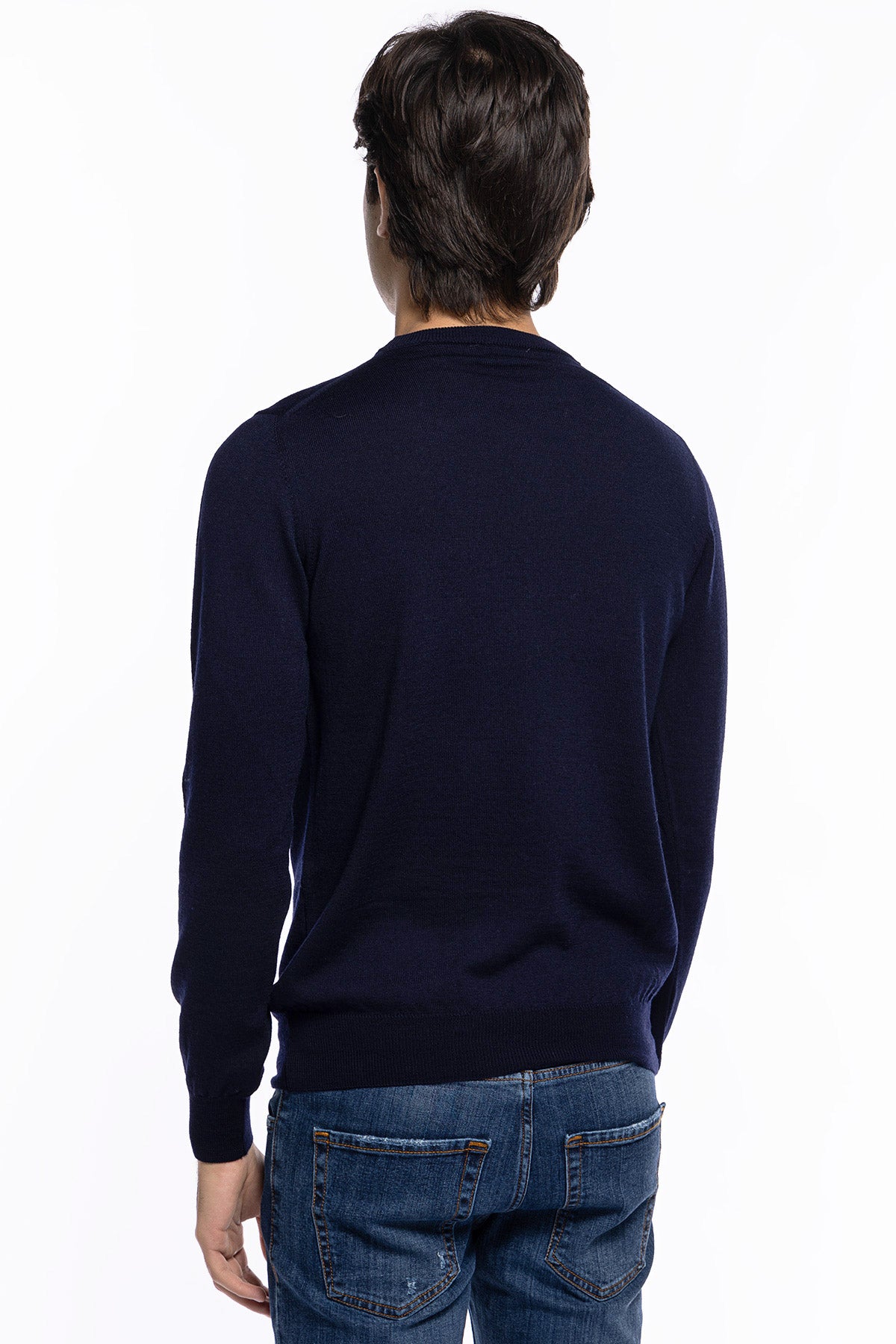 Maglioncino girocollo uomo Blu 100% lana merinos slim fit made in Italy