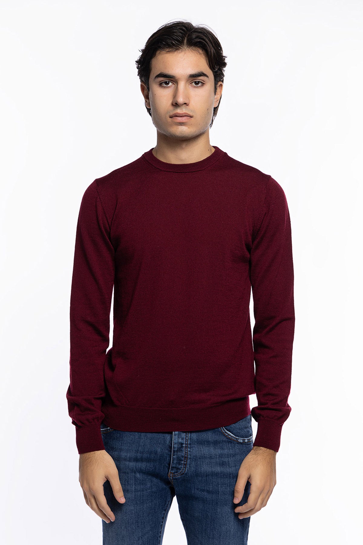 Maglioncino girocollo uomo bordeaux 100% lana merinos slim fit made in Italy