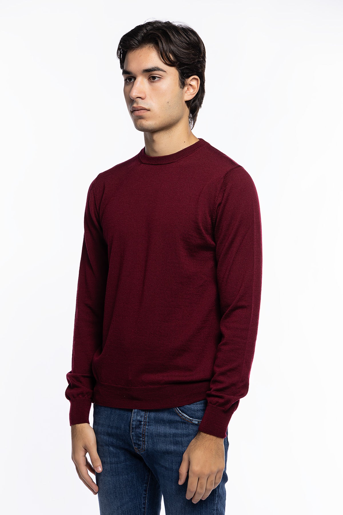 Maglioncino girocollo uomo bordeaux 100% lana merinos slim fit made in Italy