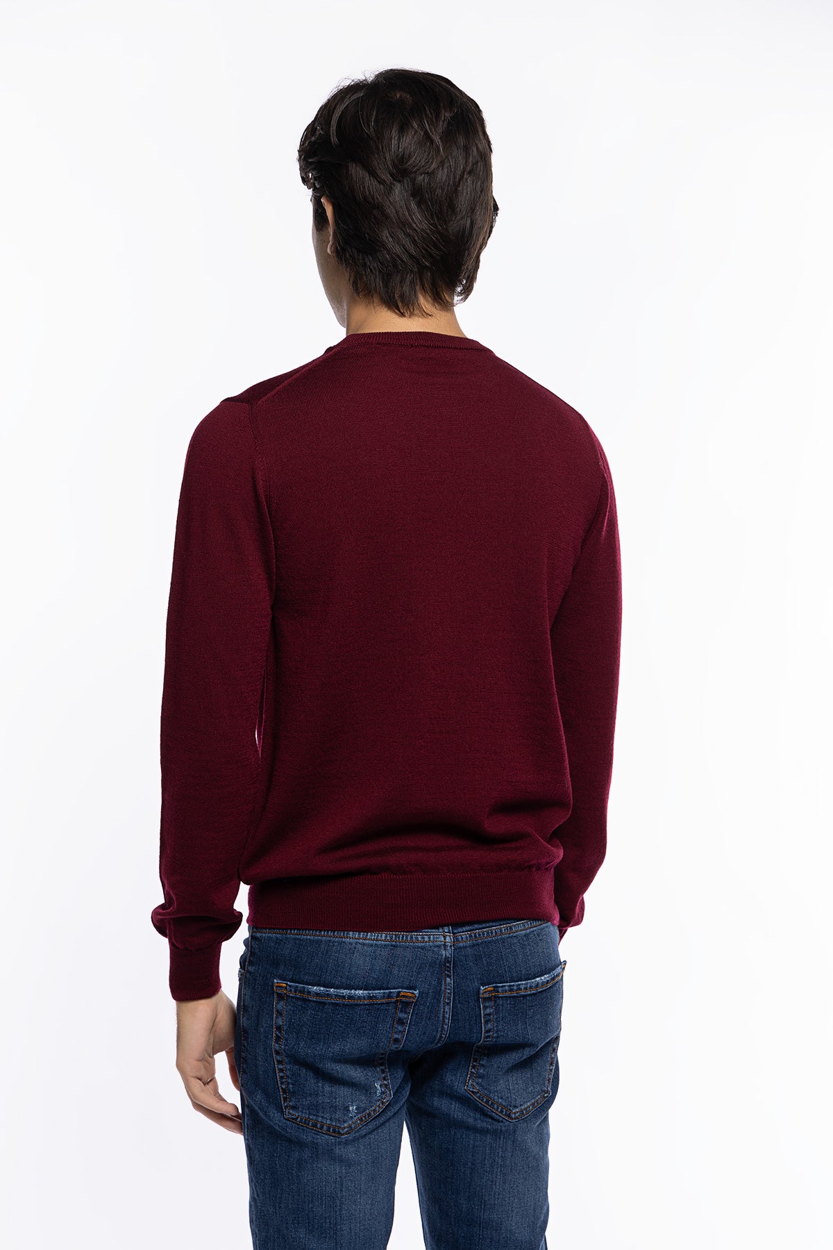 Maglioncino girocollo uomo bordeaux 100% lana merinos slim fit made in Italy