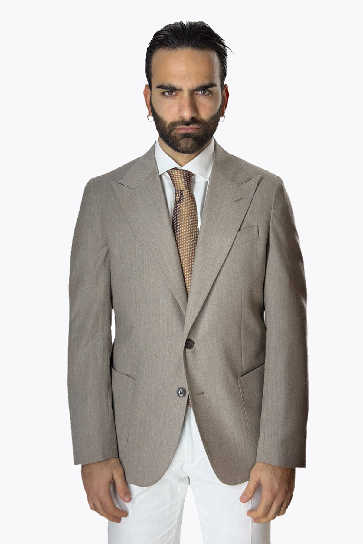 Giacca uomo Monopetto Beige in lana e Cashmere Rever a lancia Bristol Tessuti Napoli
