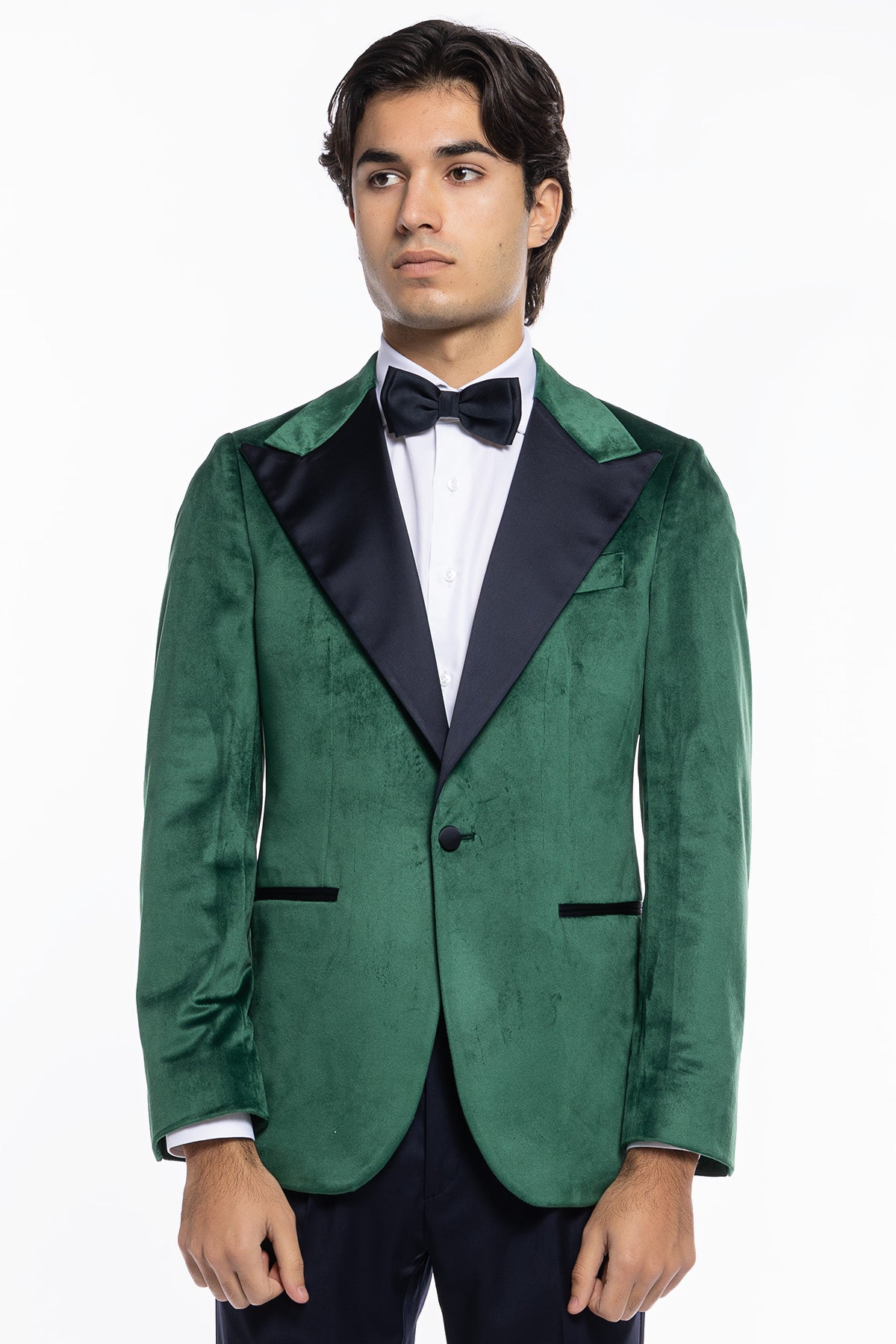 Giacca uomo Monopetto verde in velluto liscio con rever in raso blu notte sartoriale slim fit