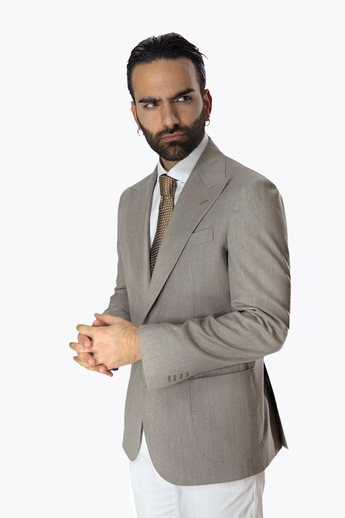 Giacca uomo Monopetto Beige in lana e Cashmere Rever a lancia Bristol Tessuti Napoli