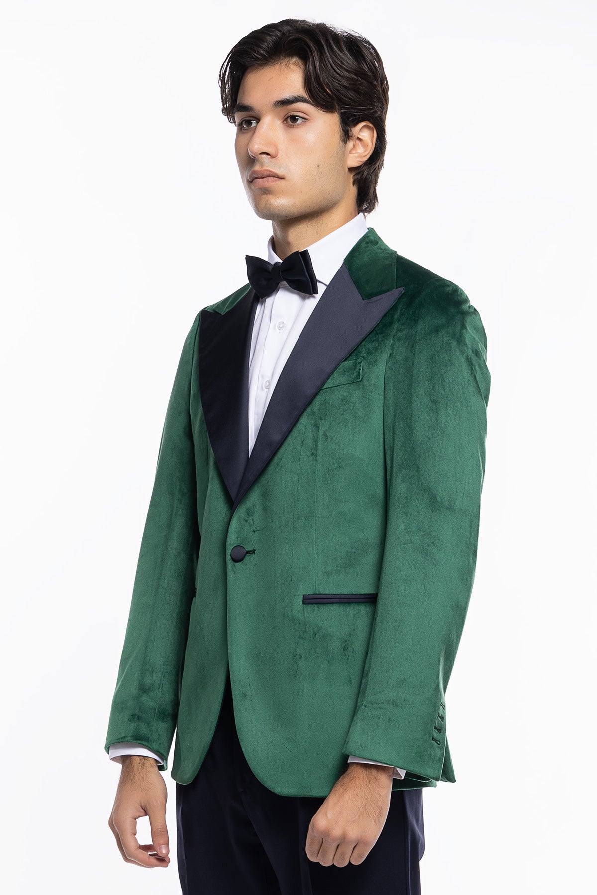 Giacca uomo Monopetto verde in velluto liscio con rever in raso blu notte sartoriale slim fit
