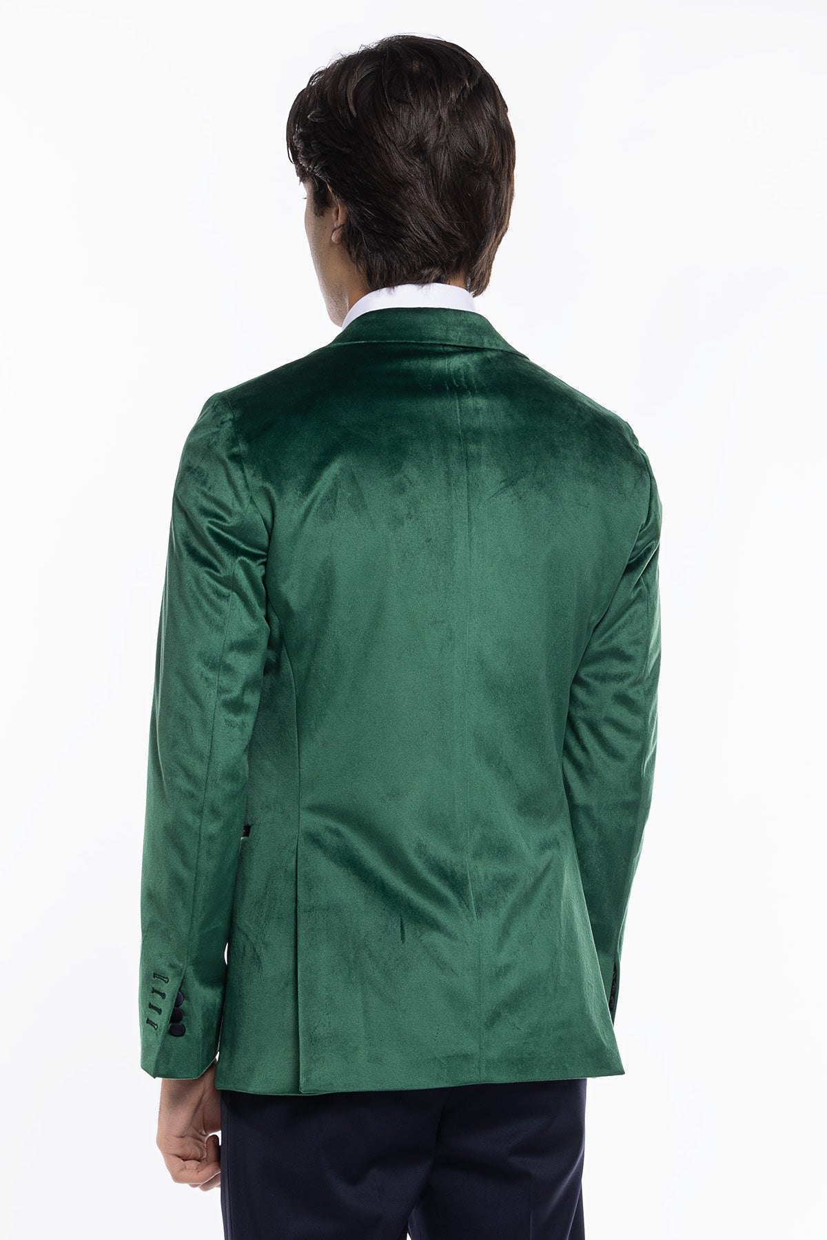 Giacca uomo Monopetto verde in velluto liscio con rever in raso blu notte sartoriale slim fit