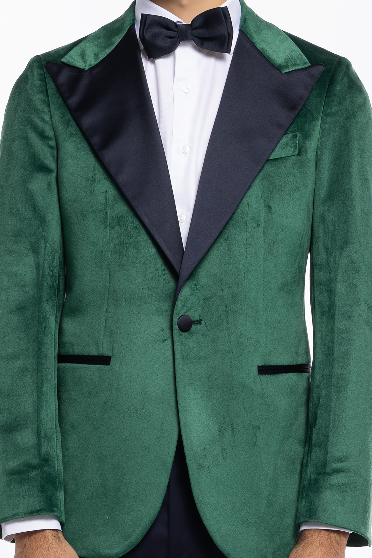 Giacca uomo Monopetto verde in velluto liscio con rever in raso blu notte sartoriale slim fit