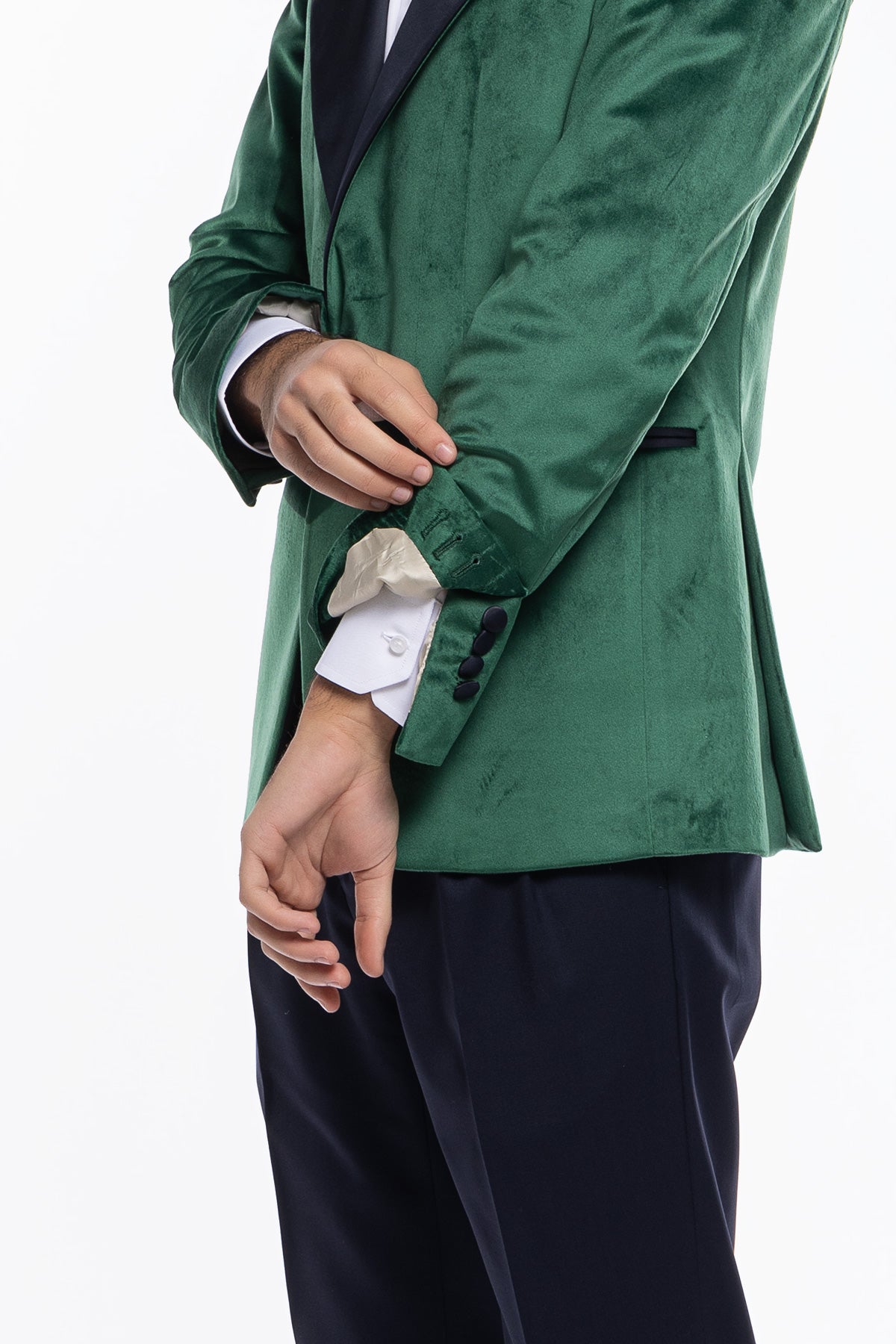 Giacca uomo Monopetto verde in velluto liscio con rever in raso blu notte sartoriale slim fit