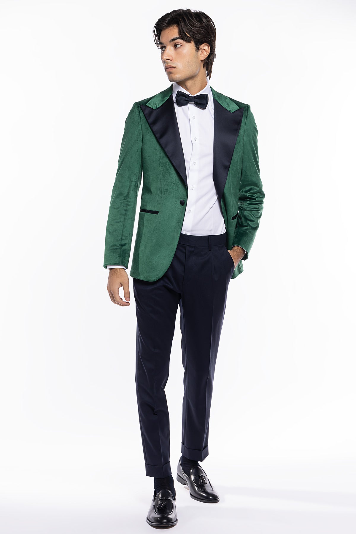 Giacca uomo Monopetto verde in velluto liscio con rever in raso blu notte sartoriale slim fit