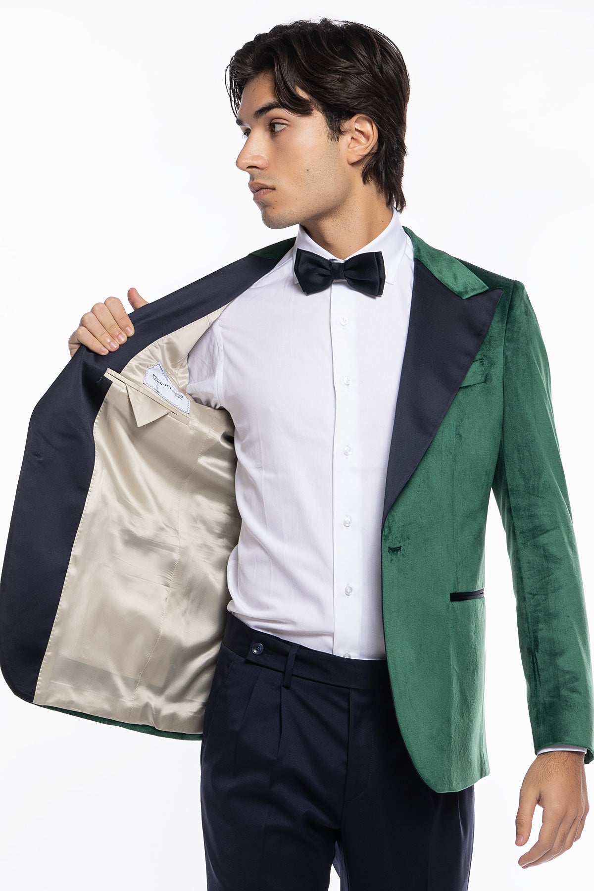 Giacca uomo Monopetto verde in velluto liscio con rever in raso blu notte sartoriale slim fit