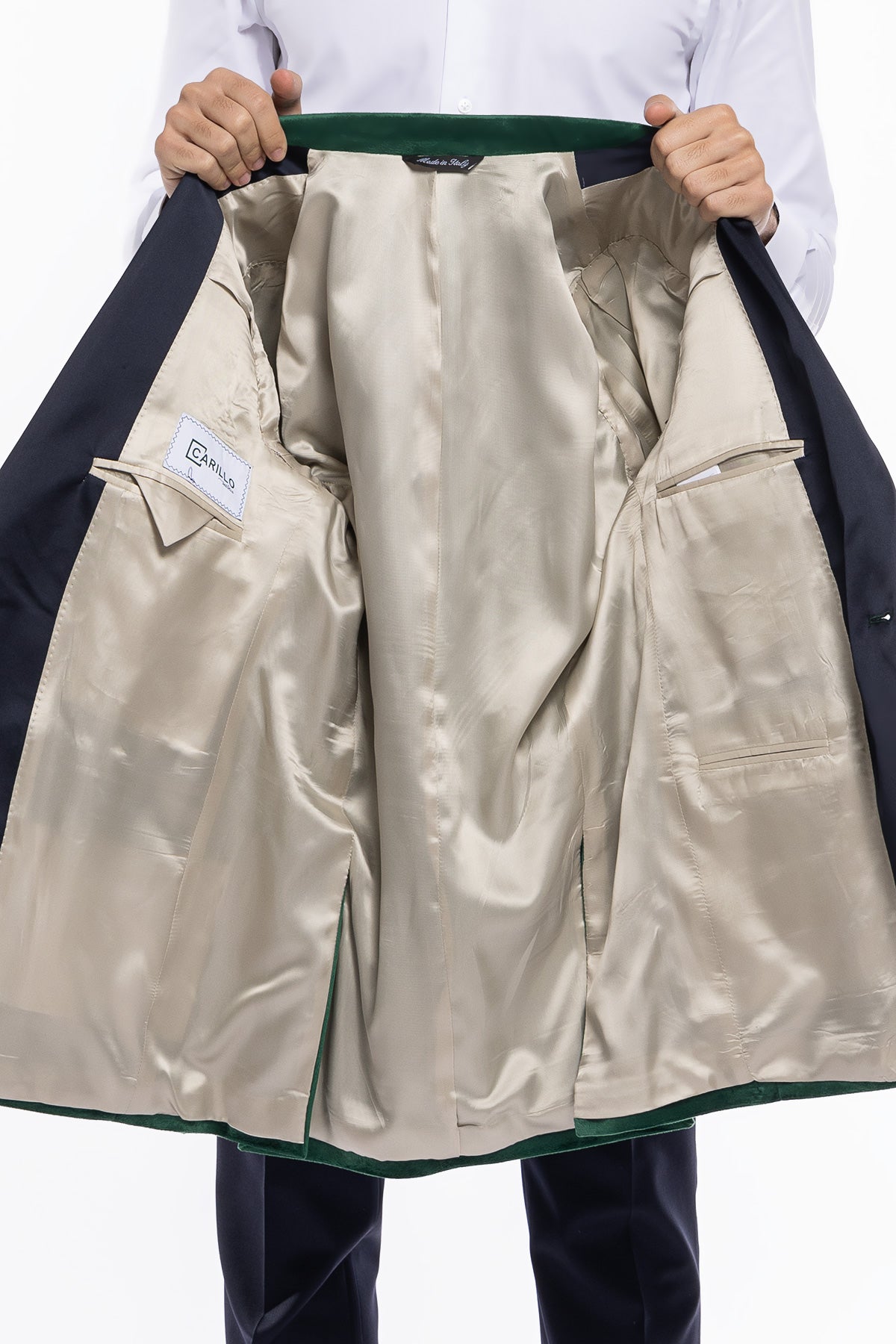 Giacca uomo Monopetto verde in velluto liscio con rever in raso blu notte sartoriale slim fit