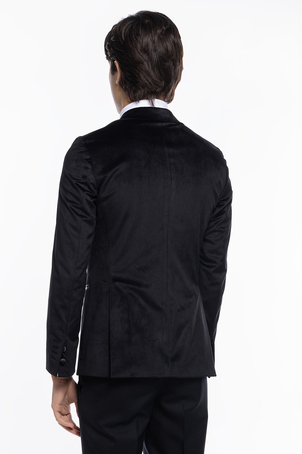 Giacca uomo Monopetto nera in velluto liscio con rever in raso nero sartoriale slim fit