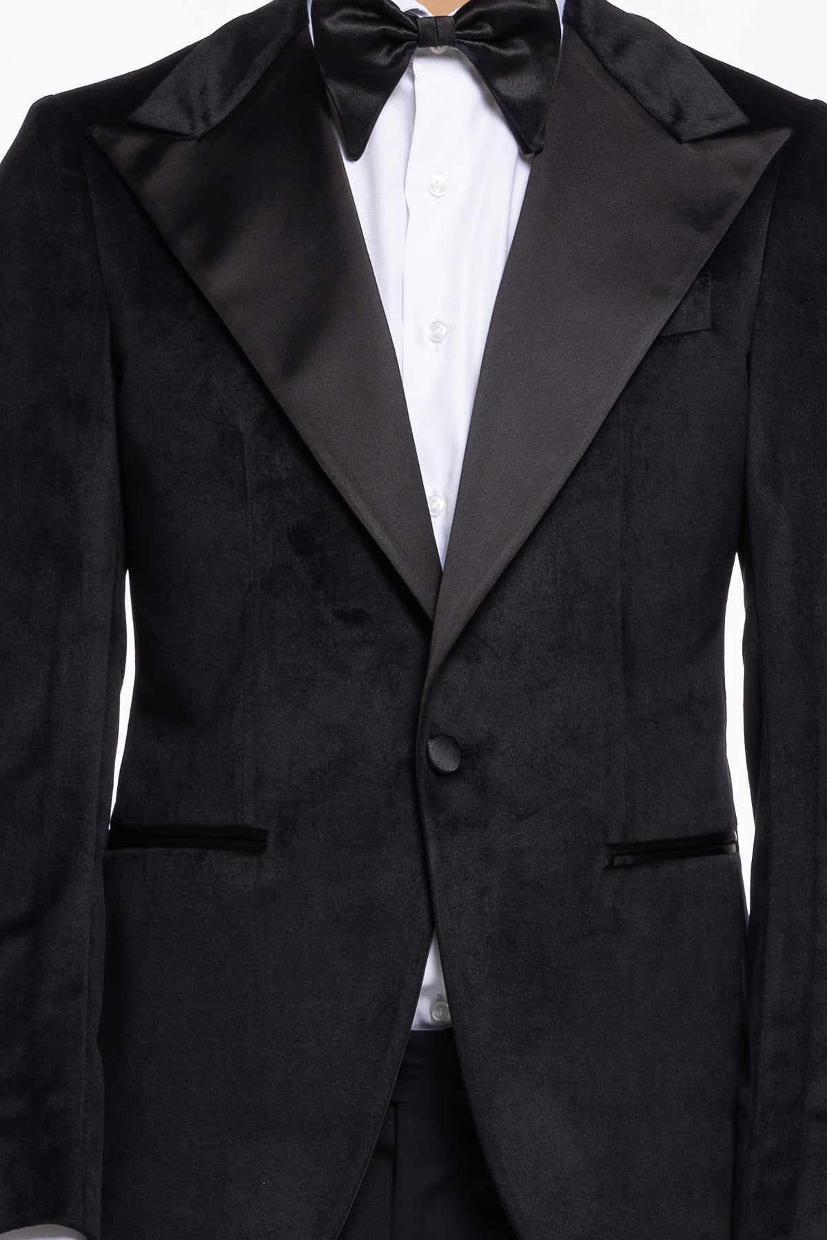 Giacca uomo Monopetto nera in velluto liscio con rever in raso nero sartoriale slim fit