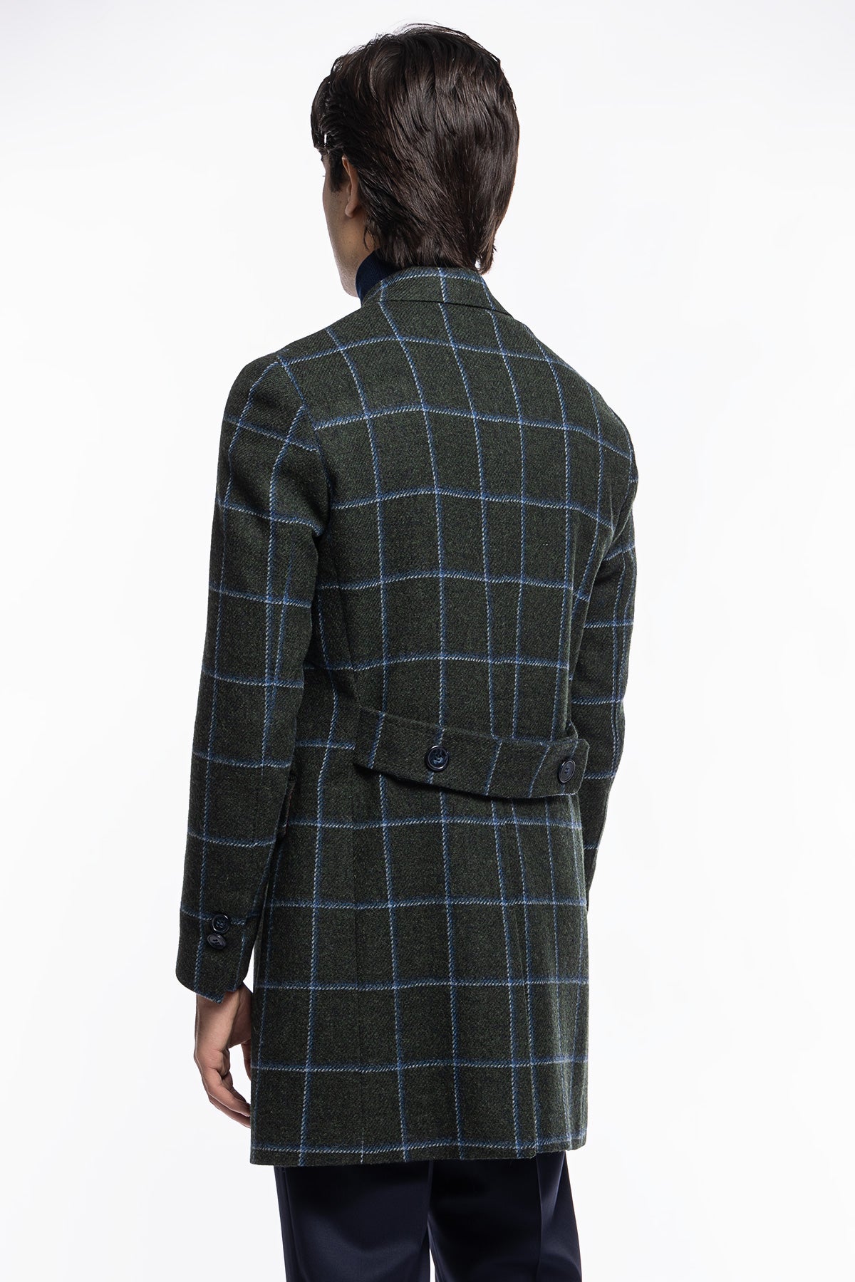 Cappotto uomo verde fantasia quadri doppiopetto in pura lana Holland & Sherry rever 13cm con martingala