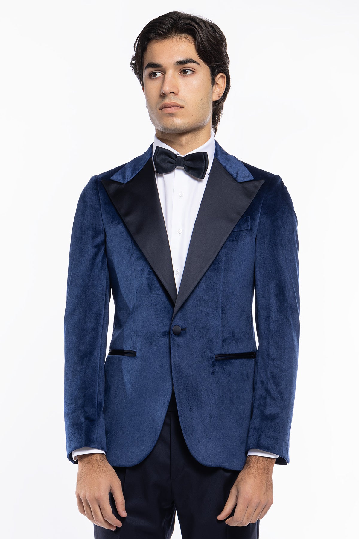 Giacca uomo Monopetto royal blu in velluto liscio con rever in raso blu notte sartoriale slim fit
