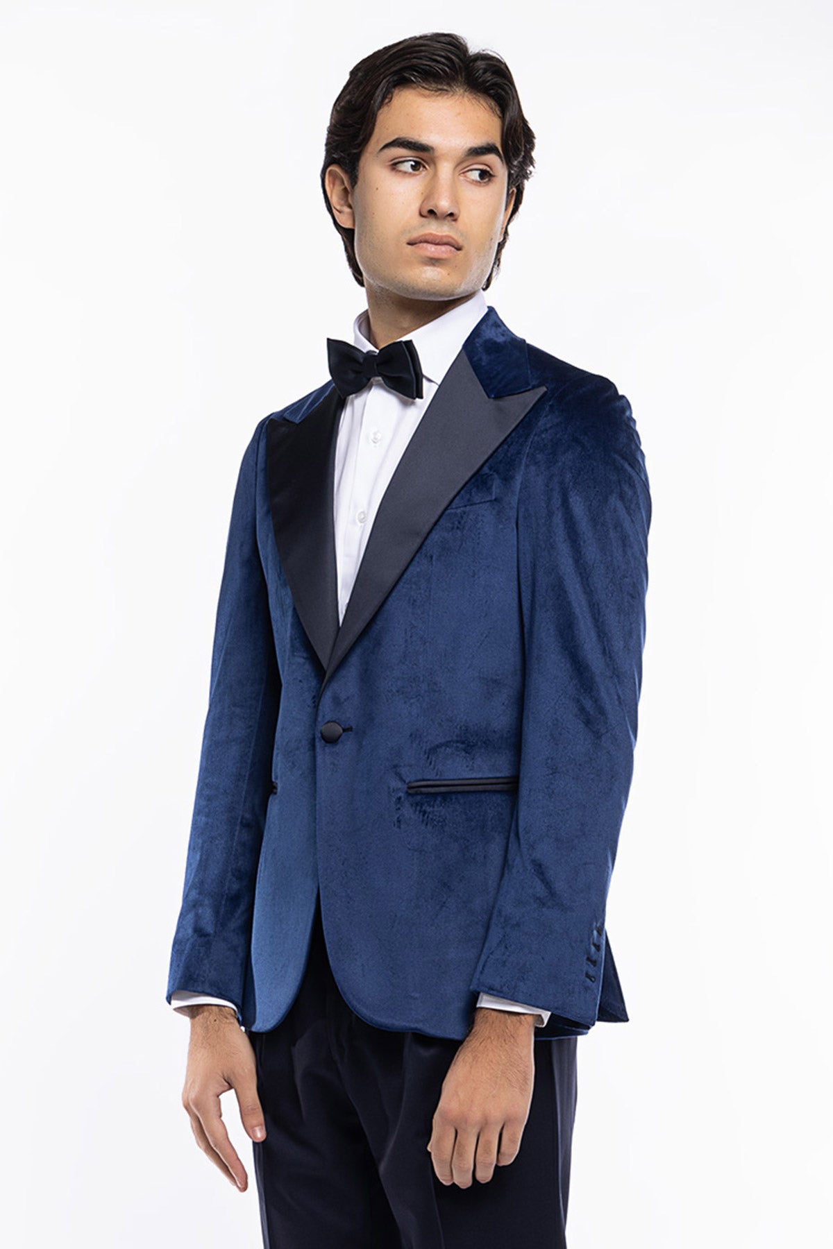 Giacca uomo Monopetto royal blu in velluto liscio con rever in raso blu notte sartoriale slim fit
