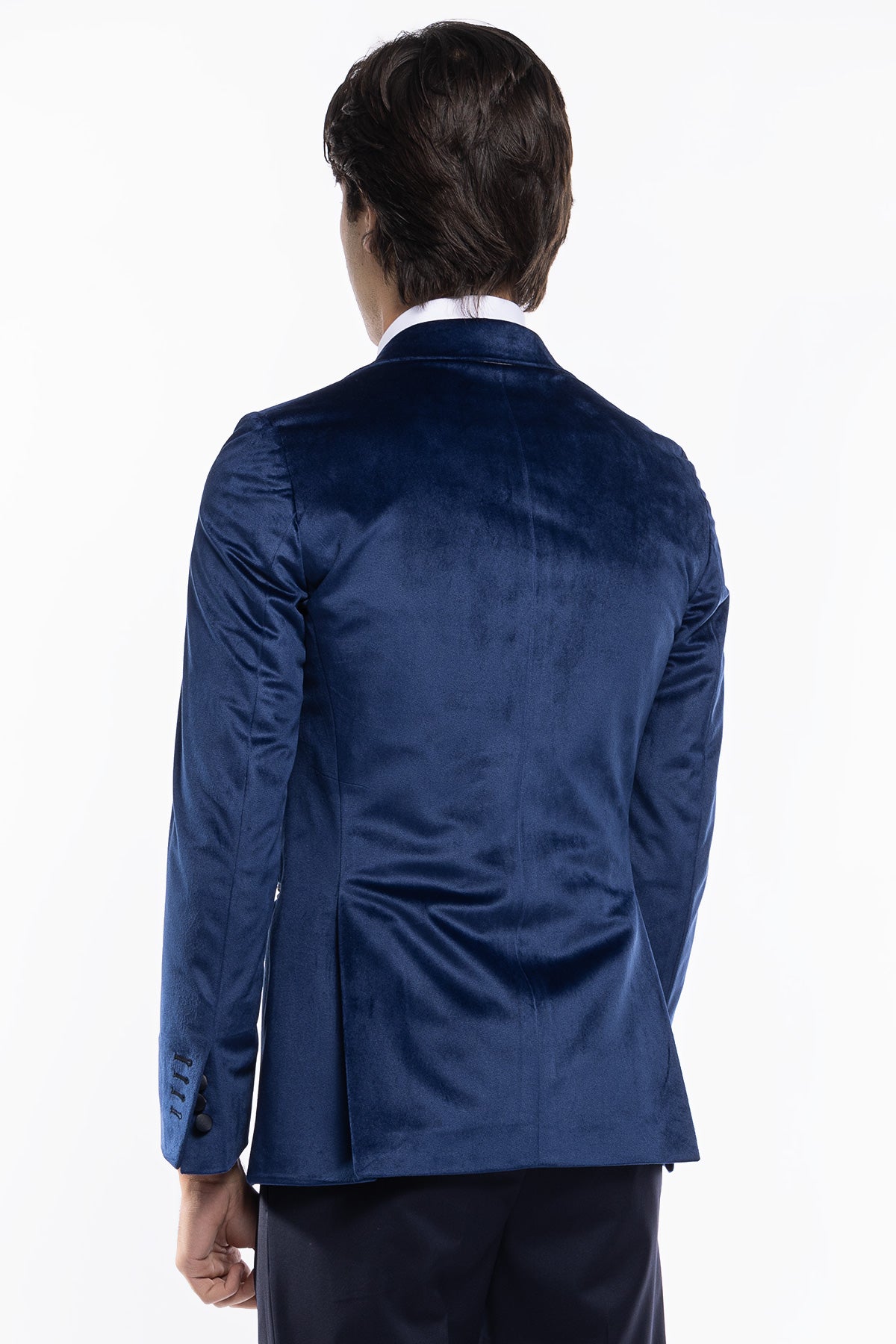 Giacca uomo Monopetto royal blu in velluto liscio con rever in raso blu notte sartoriale slim fit