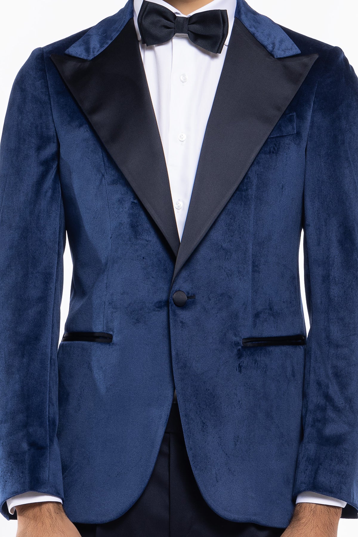 Giacca uomo Monopetto royal blu in velluto liscio con rever in raso blu notte sartoriale slim fit
