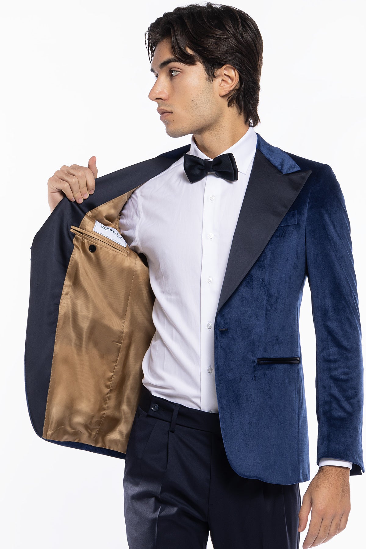 Giacca uomo Monopetto royal blu in velluto liscio con rever in raso blu notte sartoriale slim fit