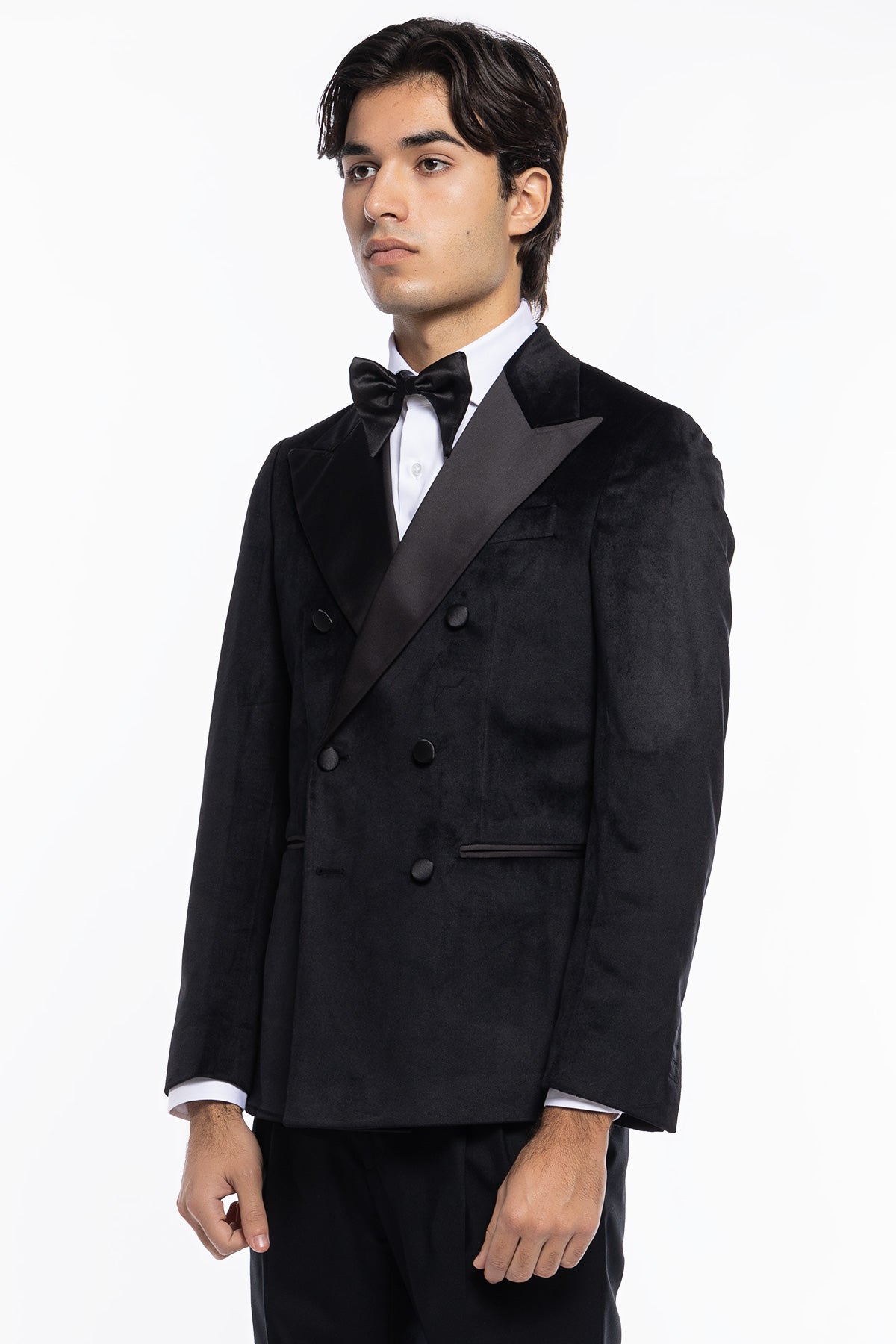 Giacca uomo Doppiopetto nera in velluto liscio con rever in raso nero sartoriale slim fit