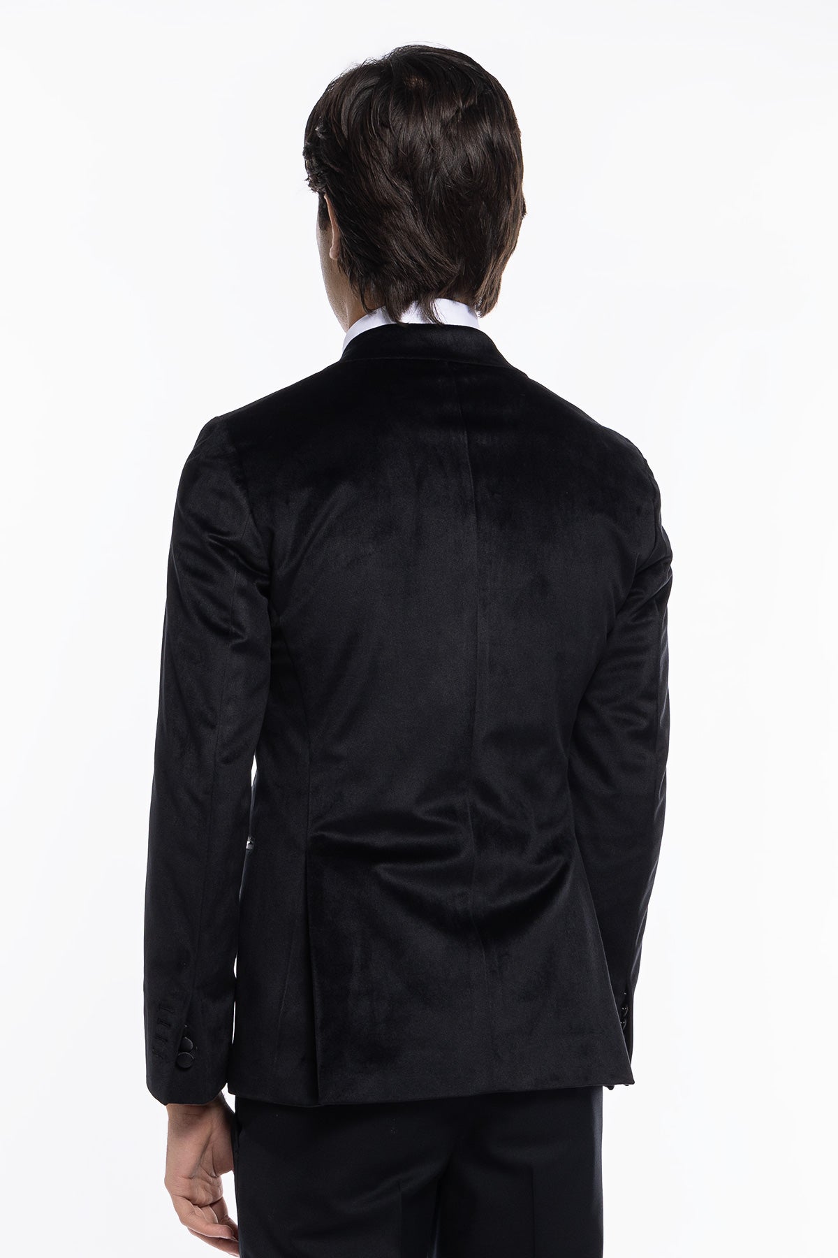 Giacca uomo Doppiopetto nera in velluto liscio con rever in raso nero sartoriale slim fit