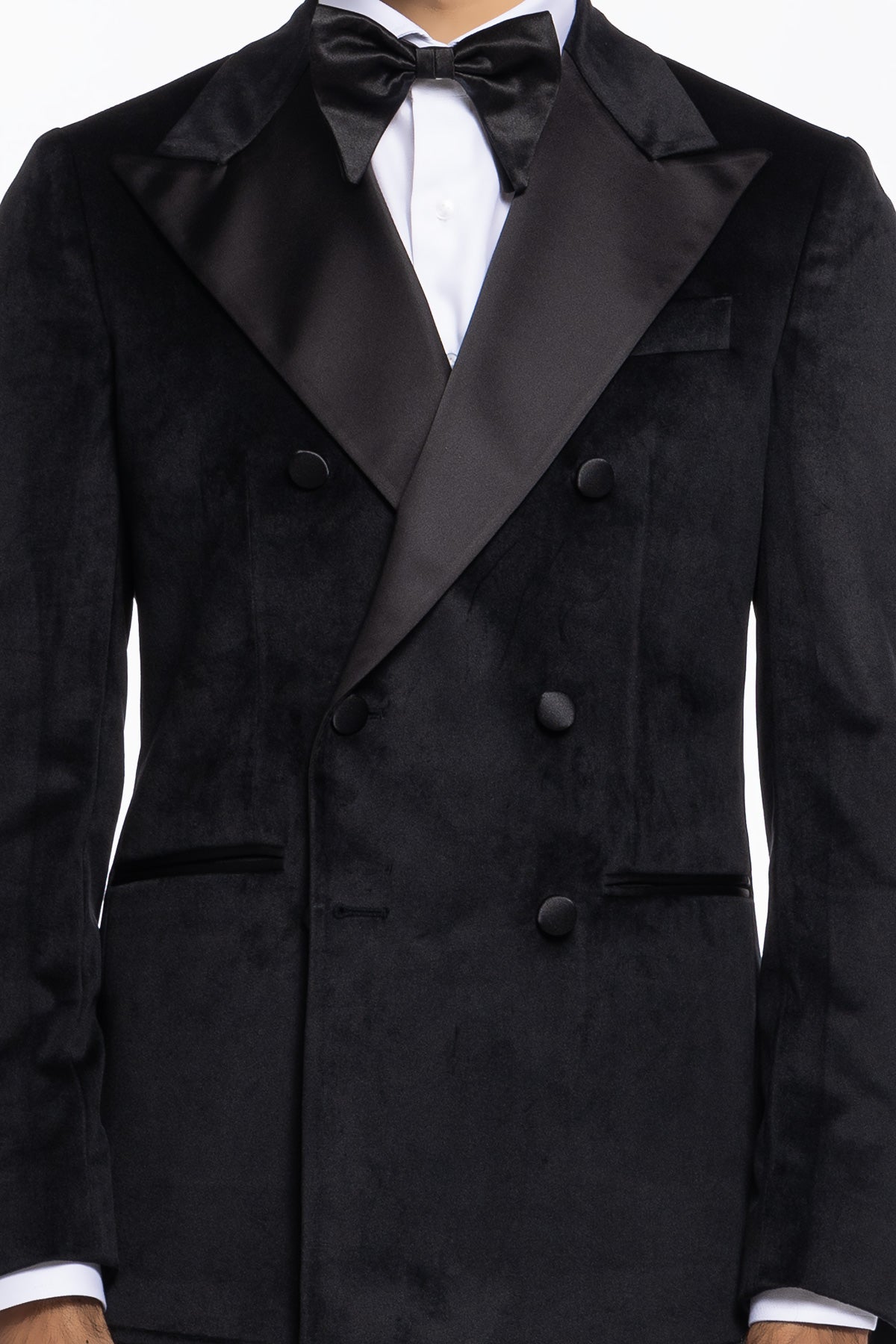 Giacca uomo Doppiopetto nera in velluto liscio con rever in raso nero sartoriale slim fit