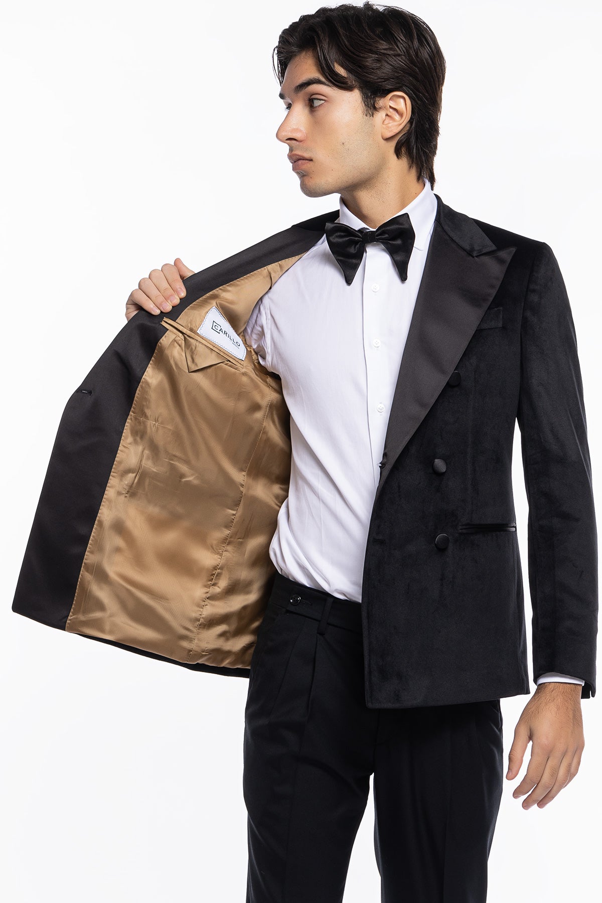 Giacca uomo Doppiopetto nera in velluto liscio con rever in raso nero sartoriale slim fit