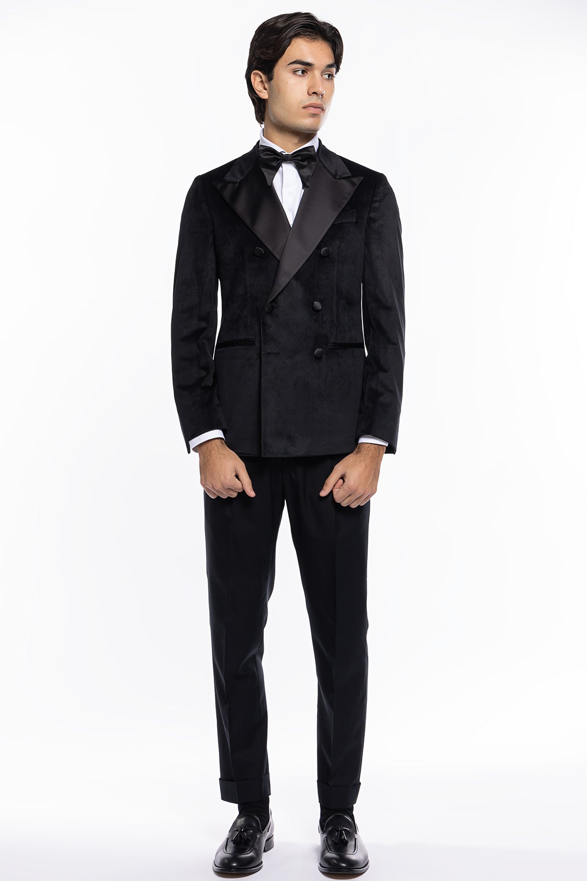 Giacca uomo Doppiopetto nera in velluto liscio con rever in raso nero sartoriale slim fit