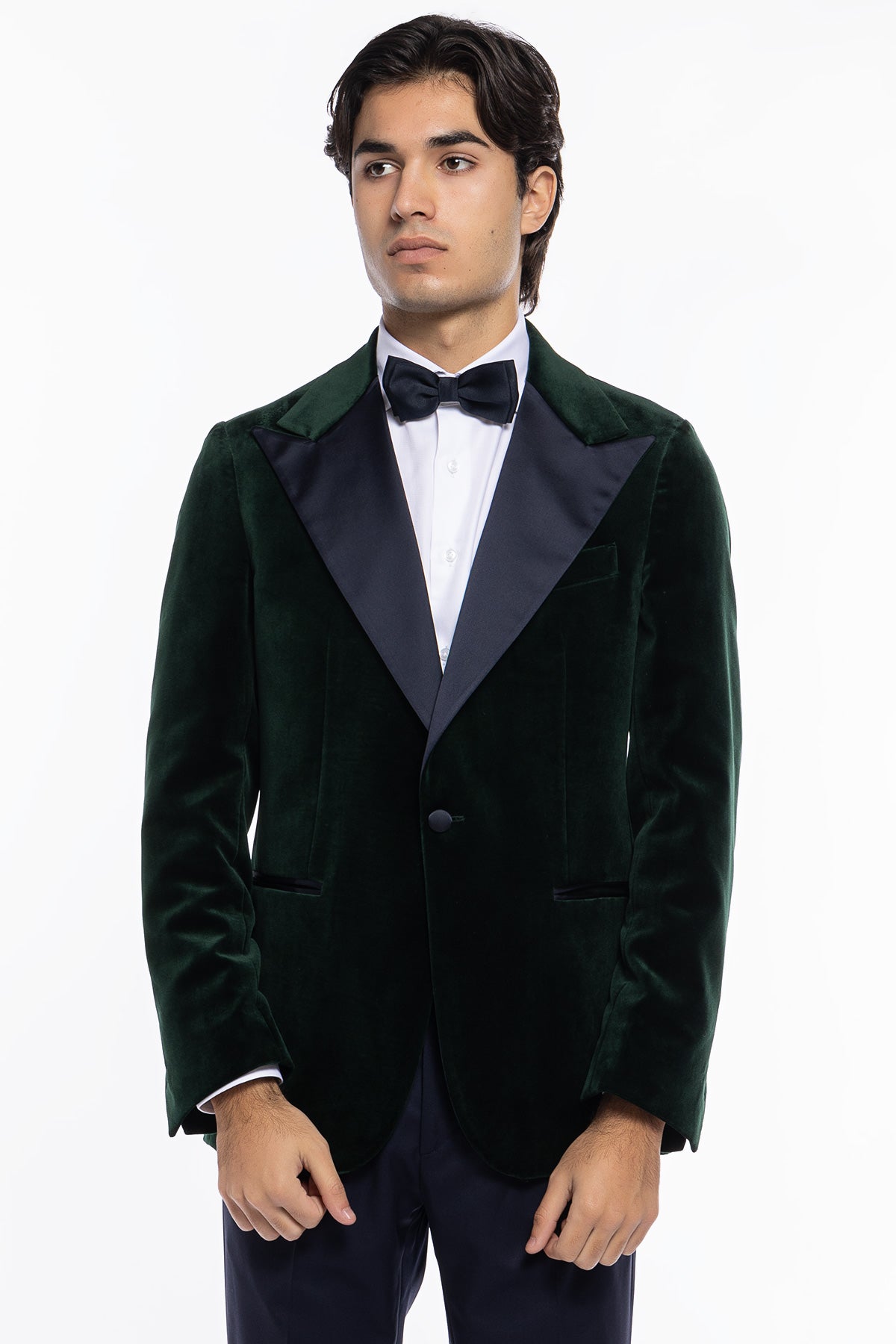 Giacca uomo monopetto verde bottiglia in velluto liscio Holland & Sherry con rever a lancia largo blu notte