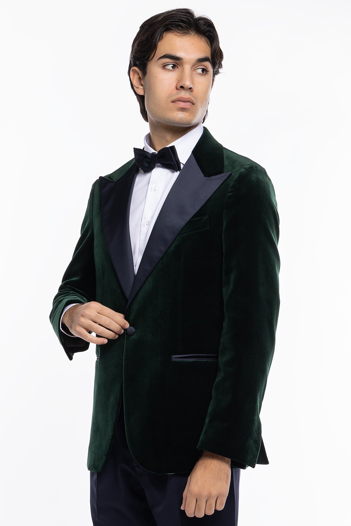 Giacca uomo monopetto verde bottiglia in velluto liscio Holland & Sherry con rever a lancia largo blu notte